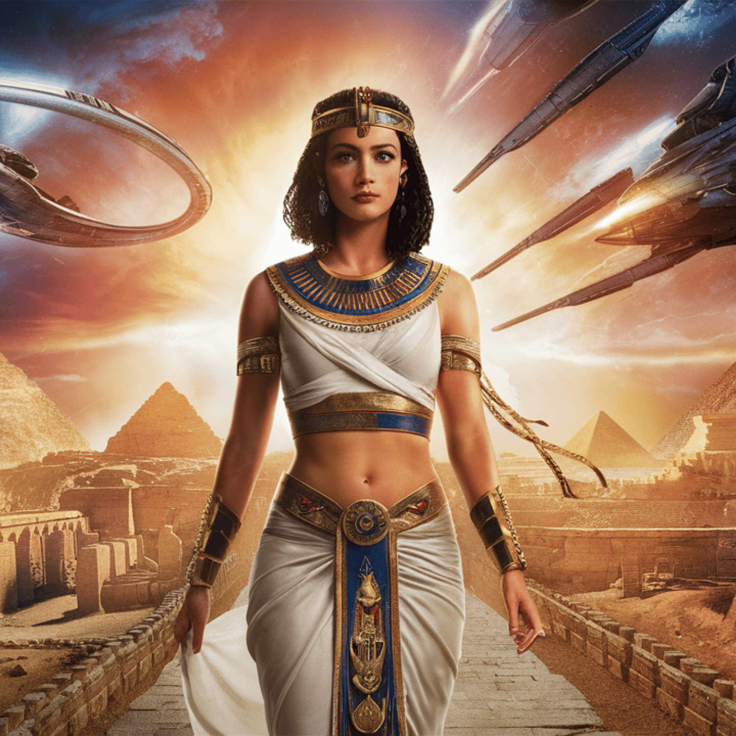 Egyptian queen walking among pyramids with alien ships in the sky