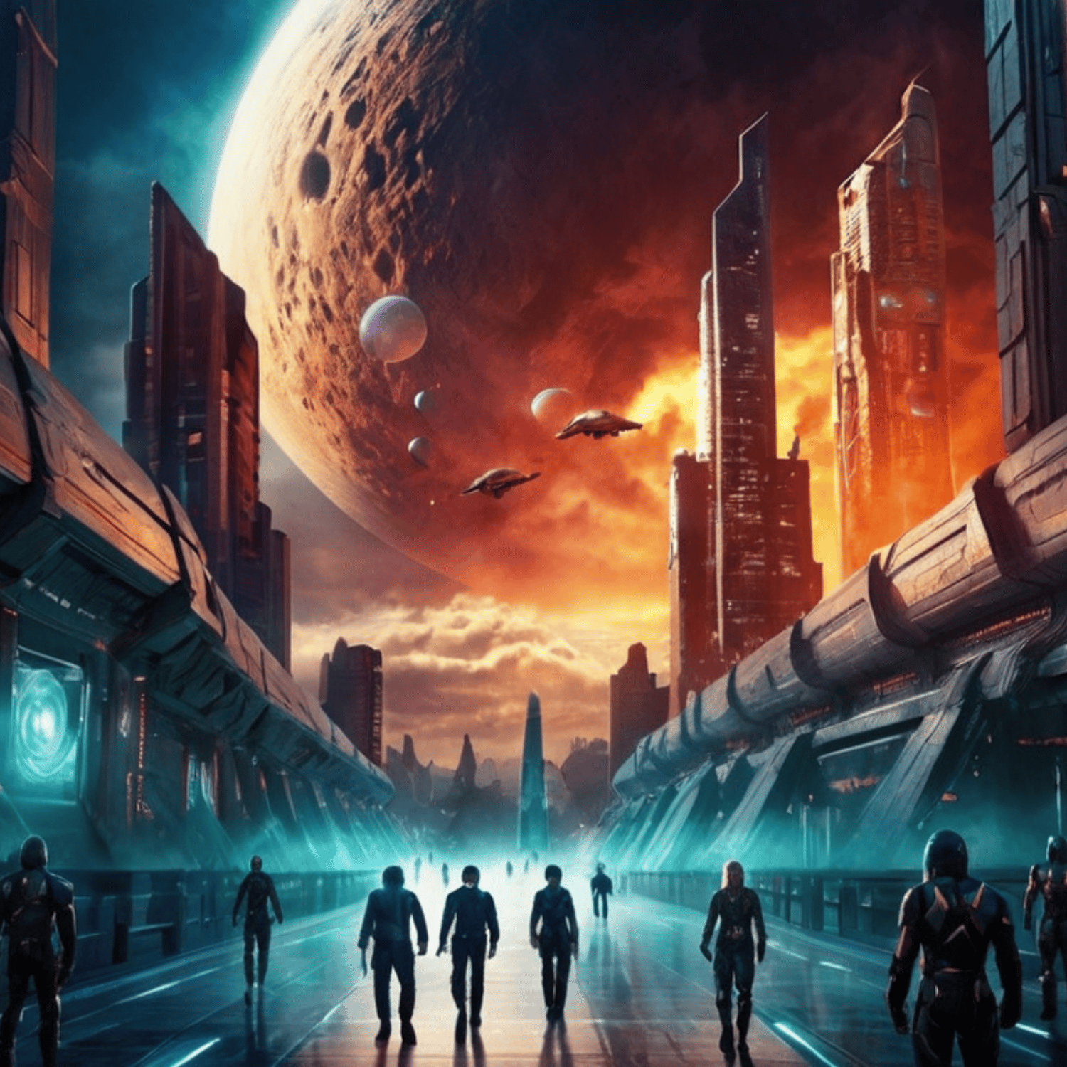 Explorers walk through a futuristic city under a massive planet glowing in the alien sky