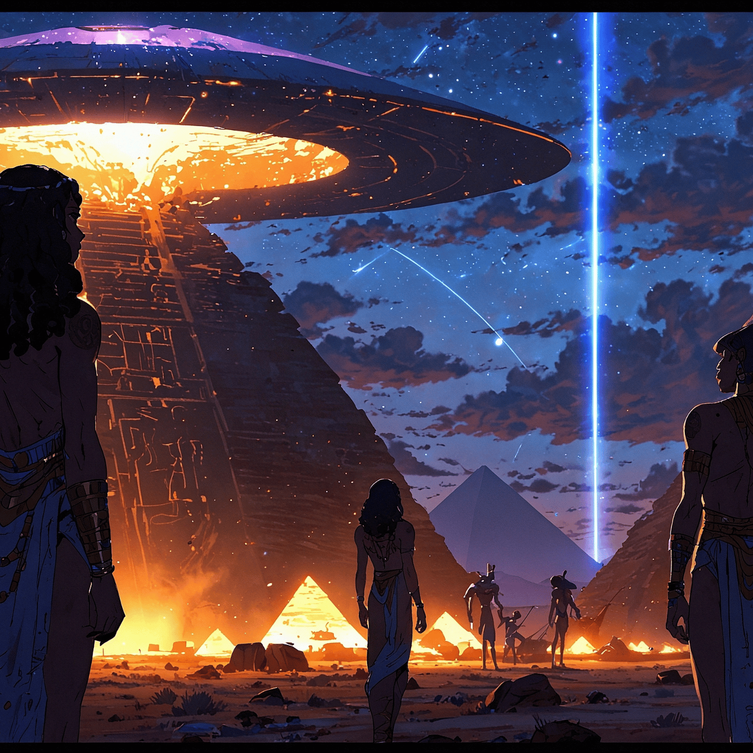 Ancient Egyptians witness a colossal UFO descending over glowing pyramids under a starry sky