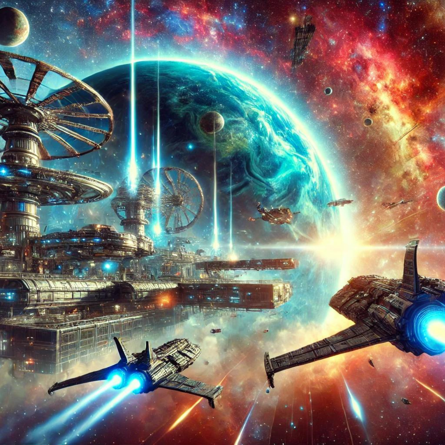 Massive space station and starfighters engage near a glowing planet in a vibrant galactic battlefield