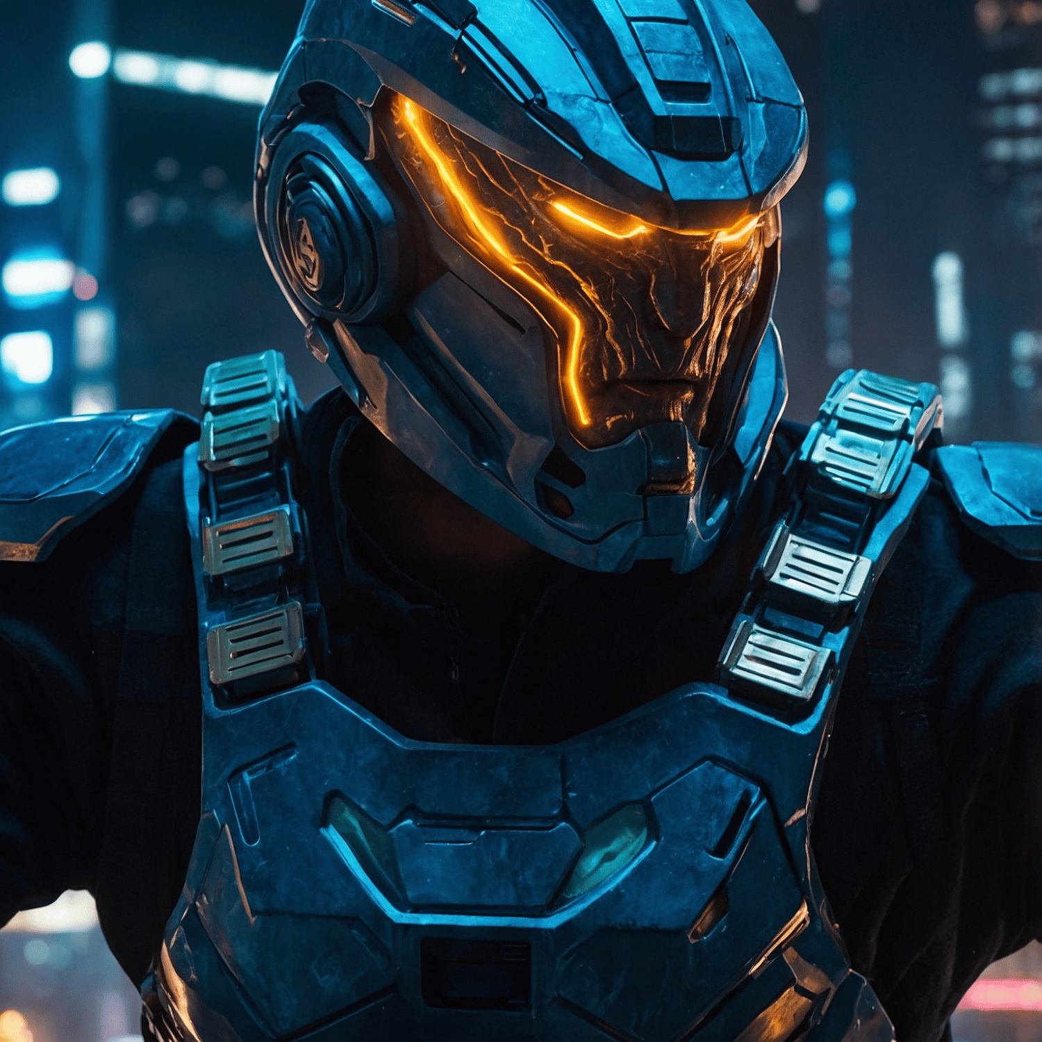 Futuristic armored soldier with glowing orange helmet in sci fi city