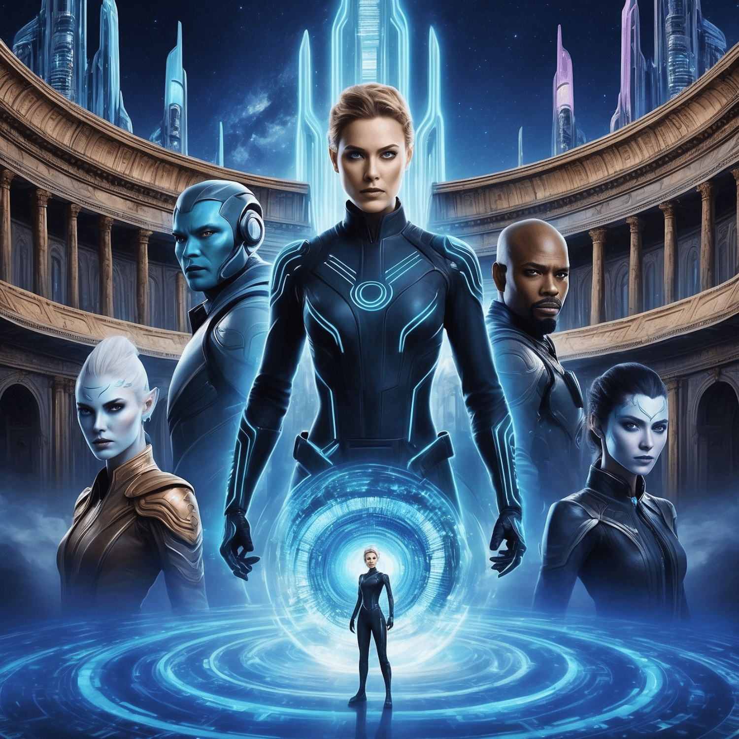 Team of futuristic heroes with glowing suits standing before advanced city portal