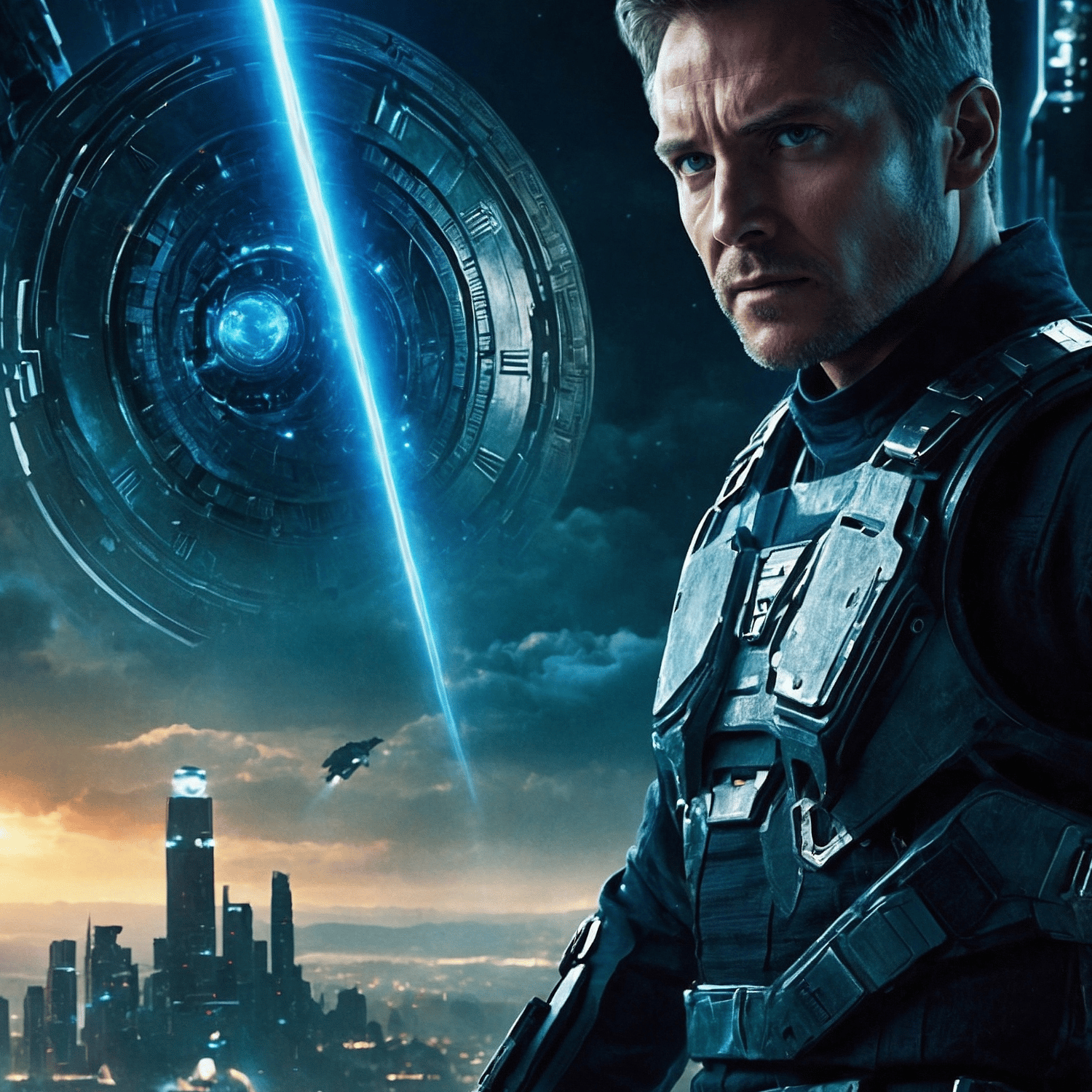 Futuristic soldier in advanced armor standing before glowing digital portal