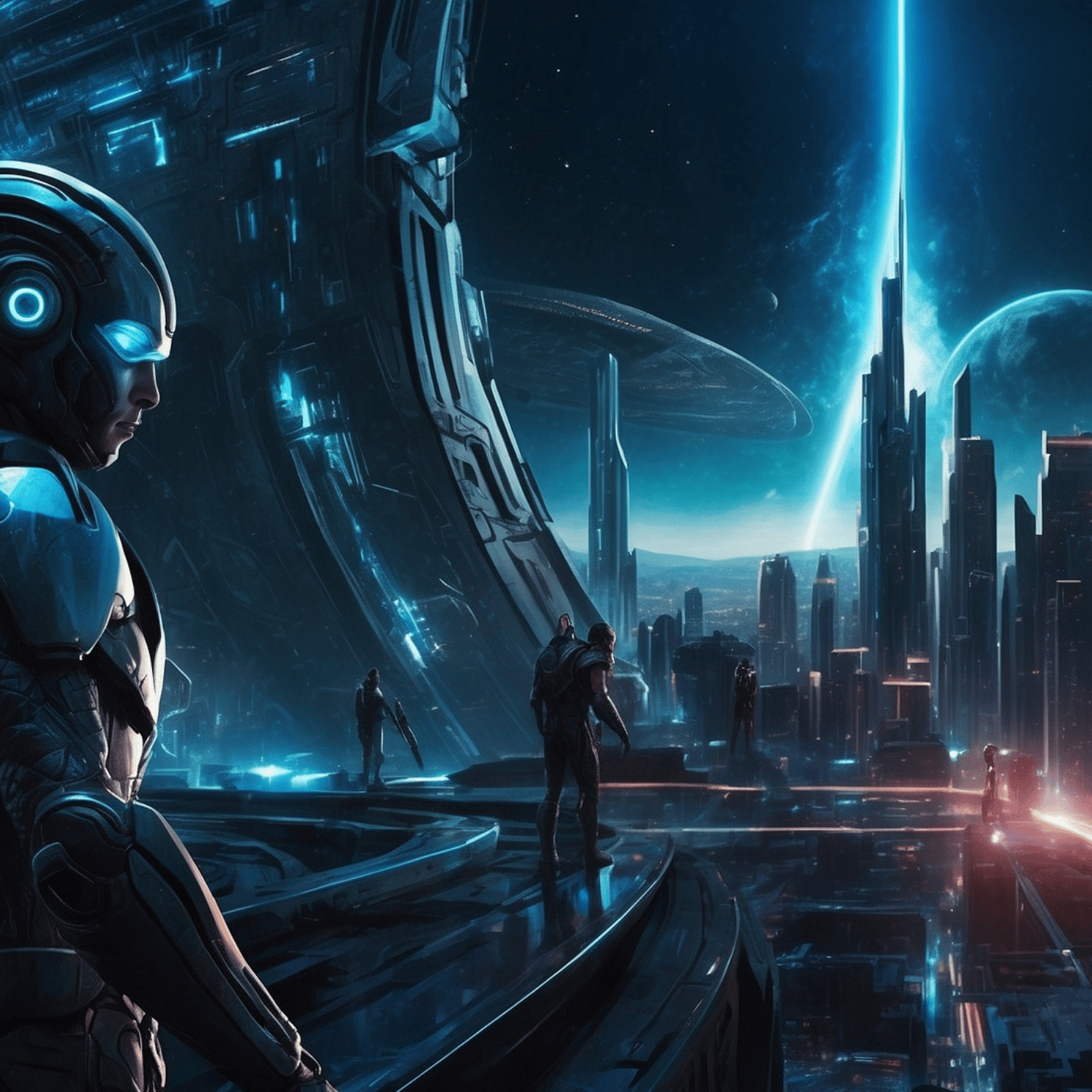 Cyborg soldiers on futuristic platform with glowing city and energy beam