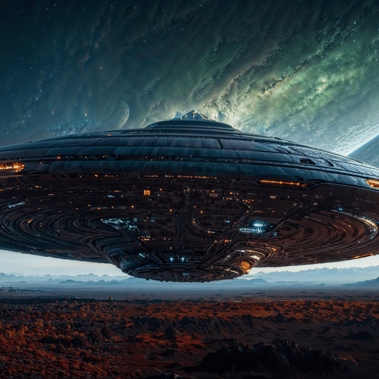 Massive alien spaceship hovering above desert landscape and mountains