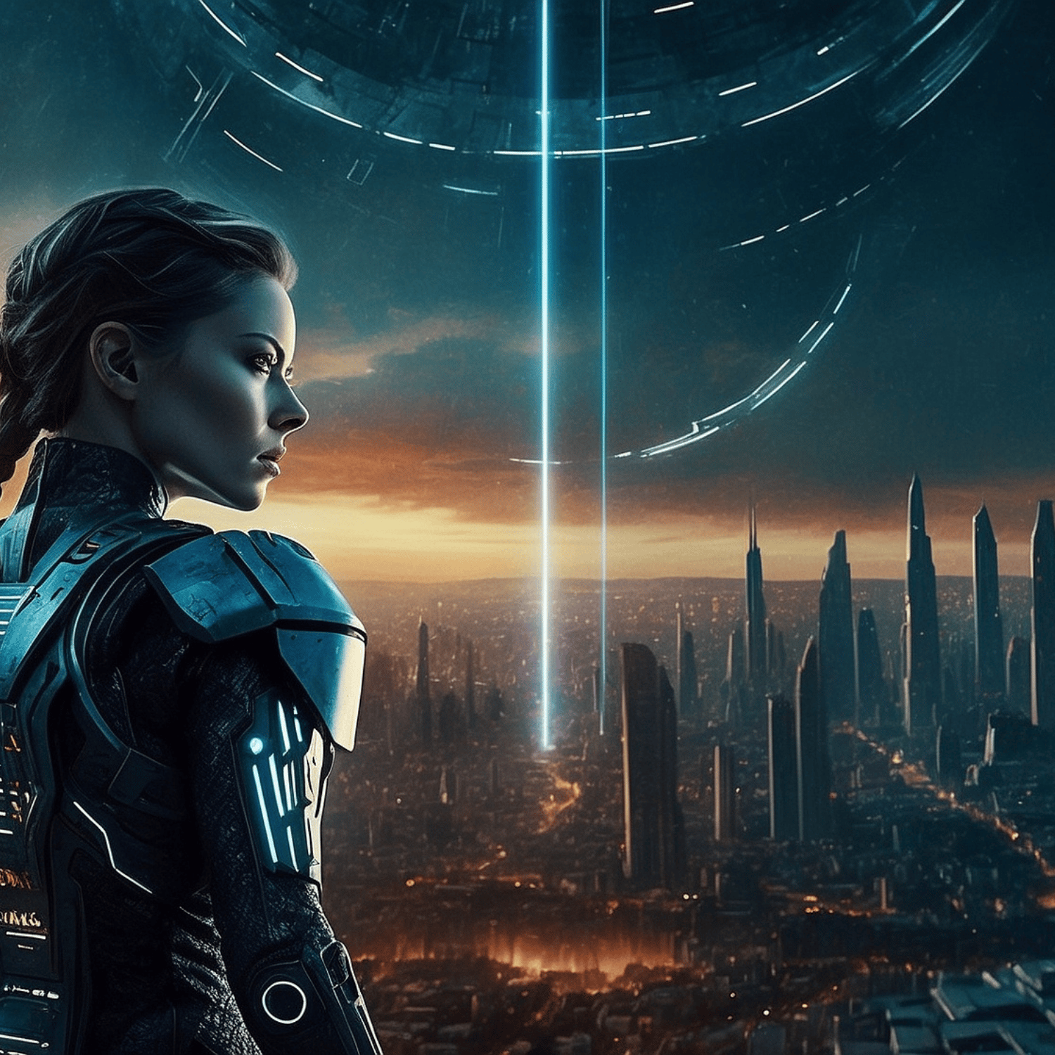 Female space warrior overlooking futuristic city and alien ship