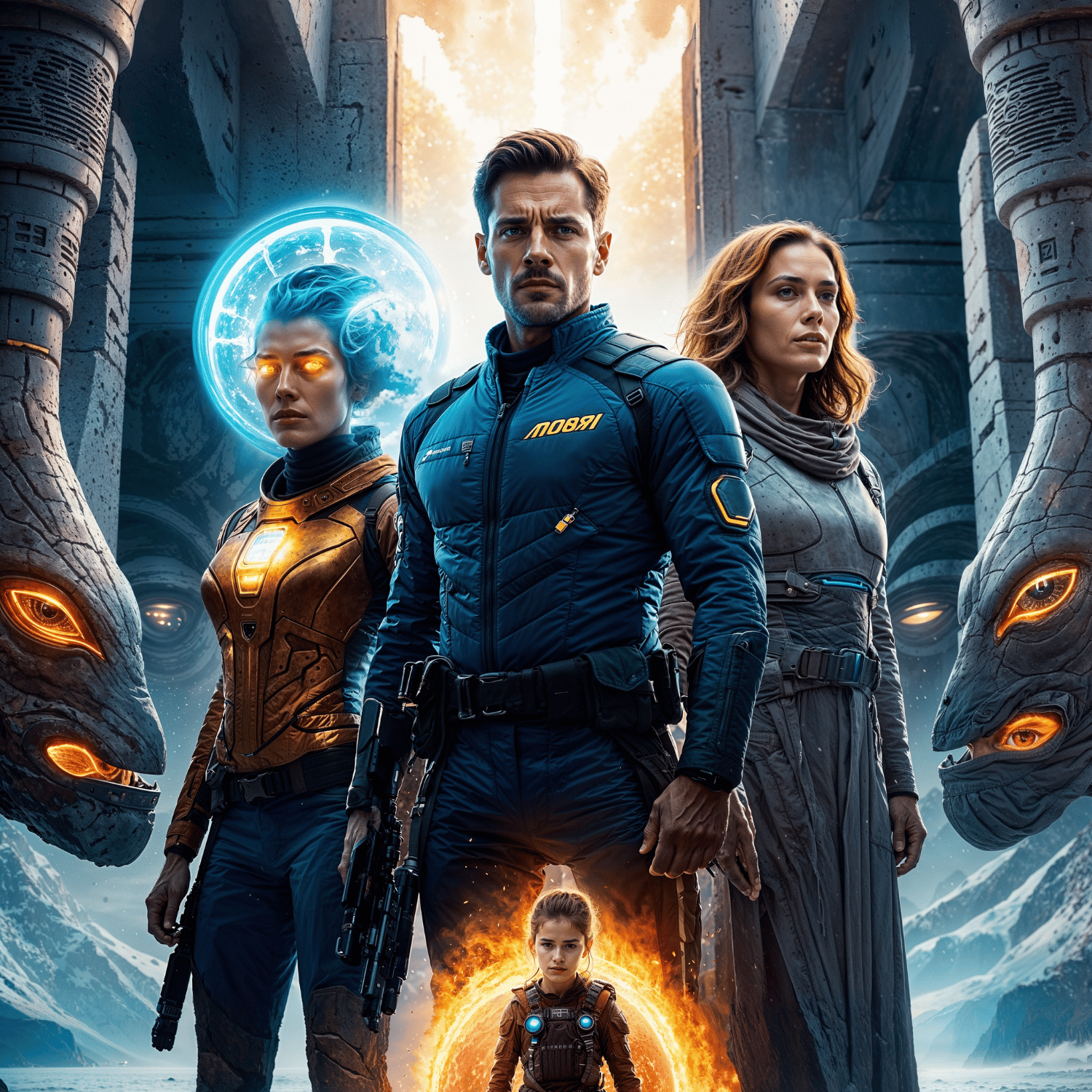 Futuristic heroes stand united with glowing energy and sci-fi armor