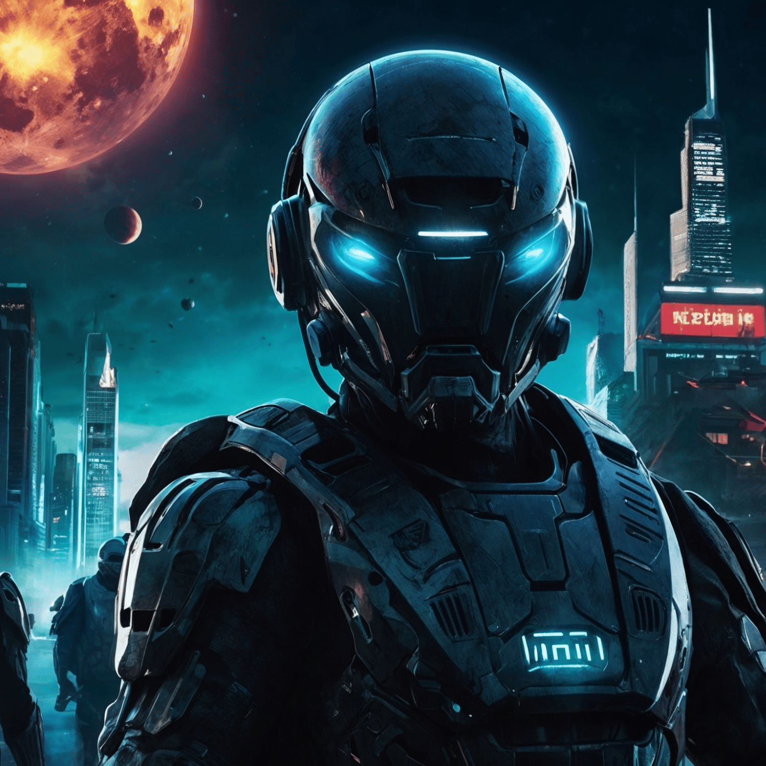 Futuristic soldier in glowing armor under a red moon