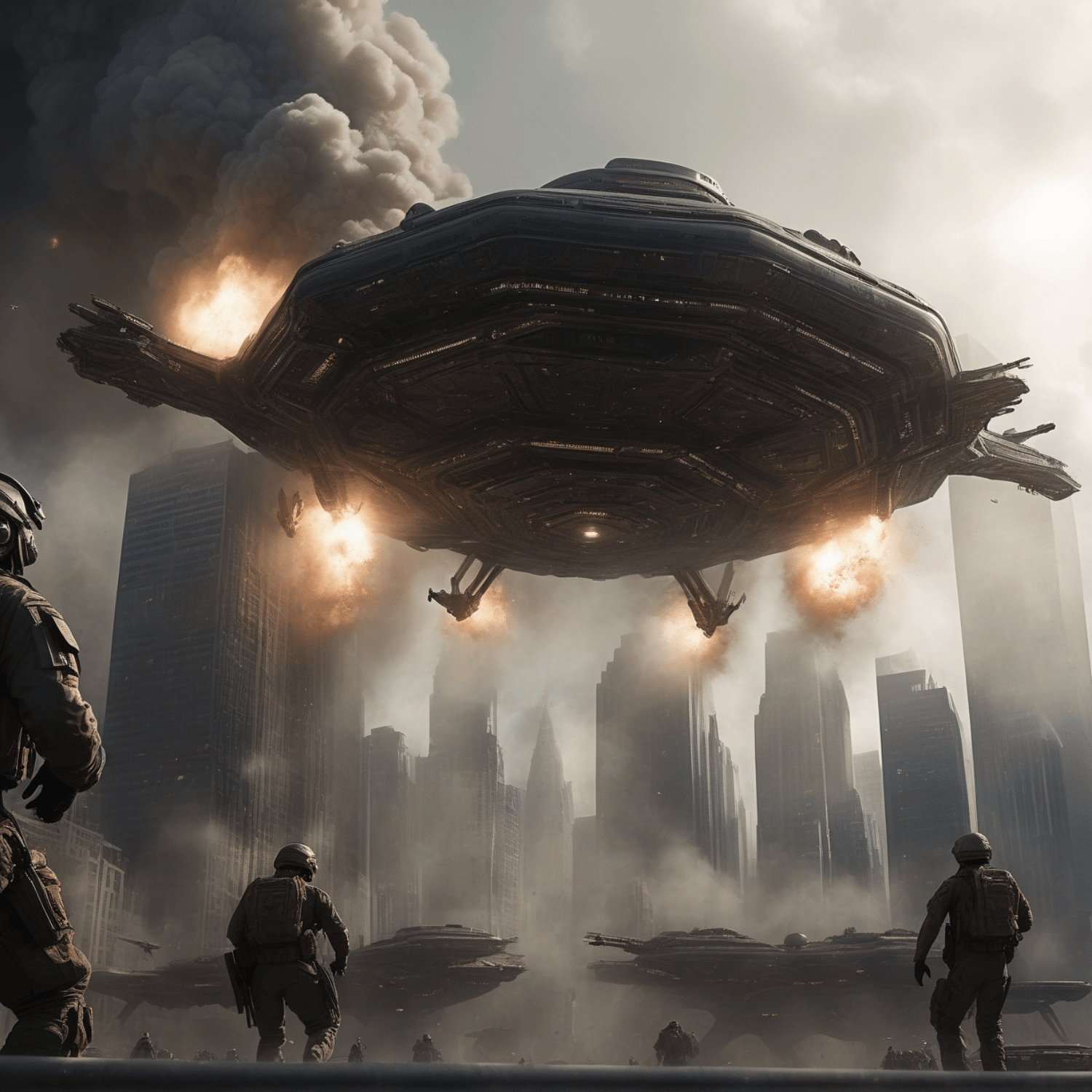 Soldiers face massive alien ships attacking a city