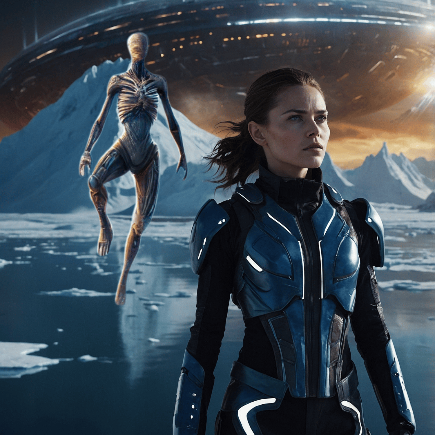 Woman in futuristic armor faces alien figure beneath massive spacecraft
