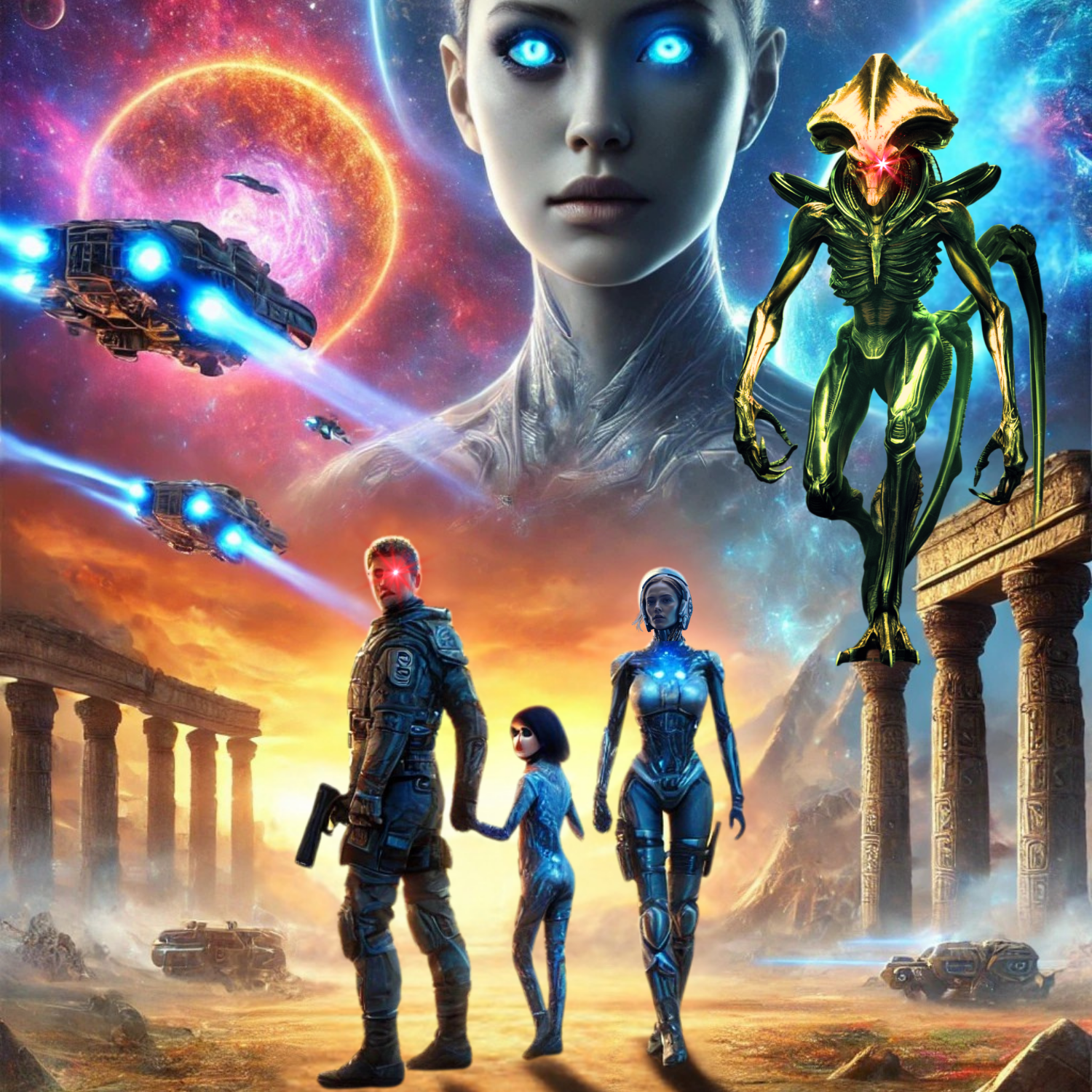 Futuristic family faces alien invasion under glowing cosmic skies