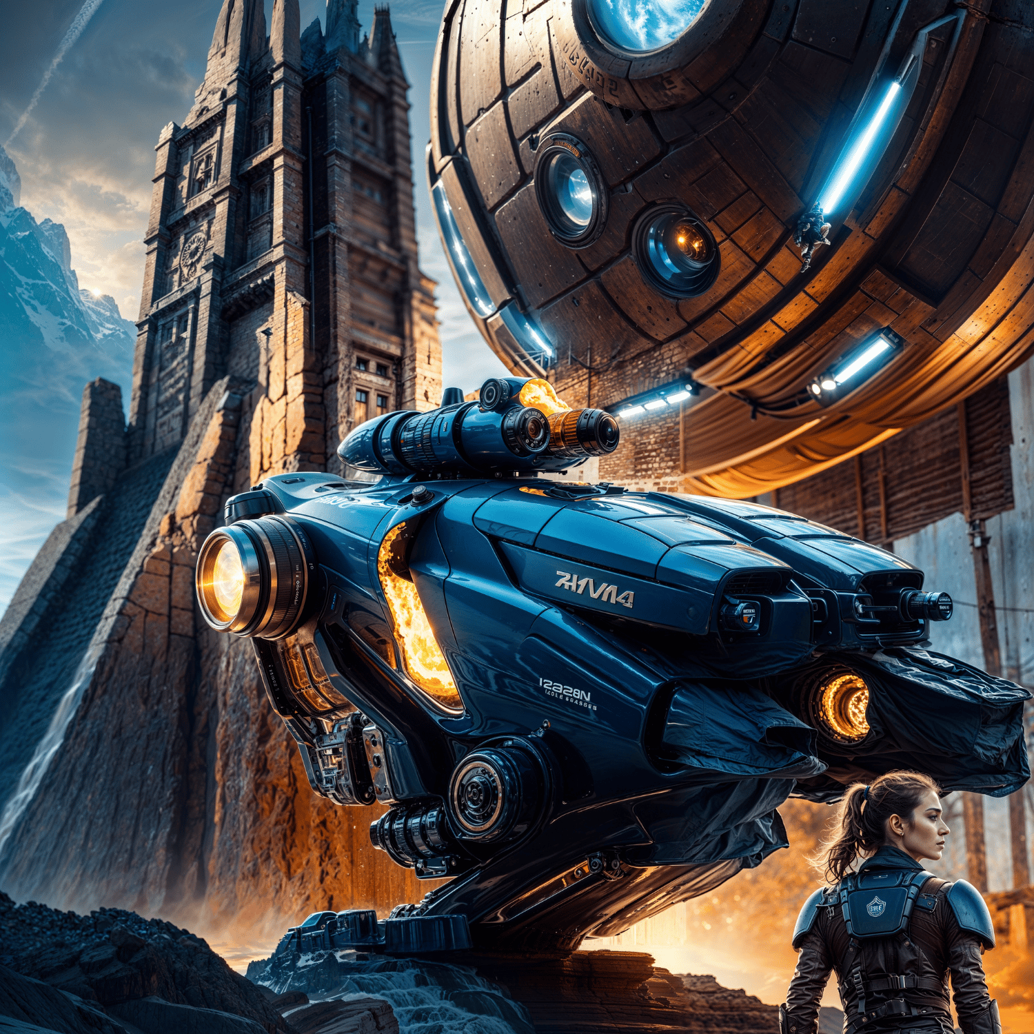 Female pilot standing near futuristic spacecraft and tower