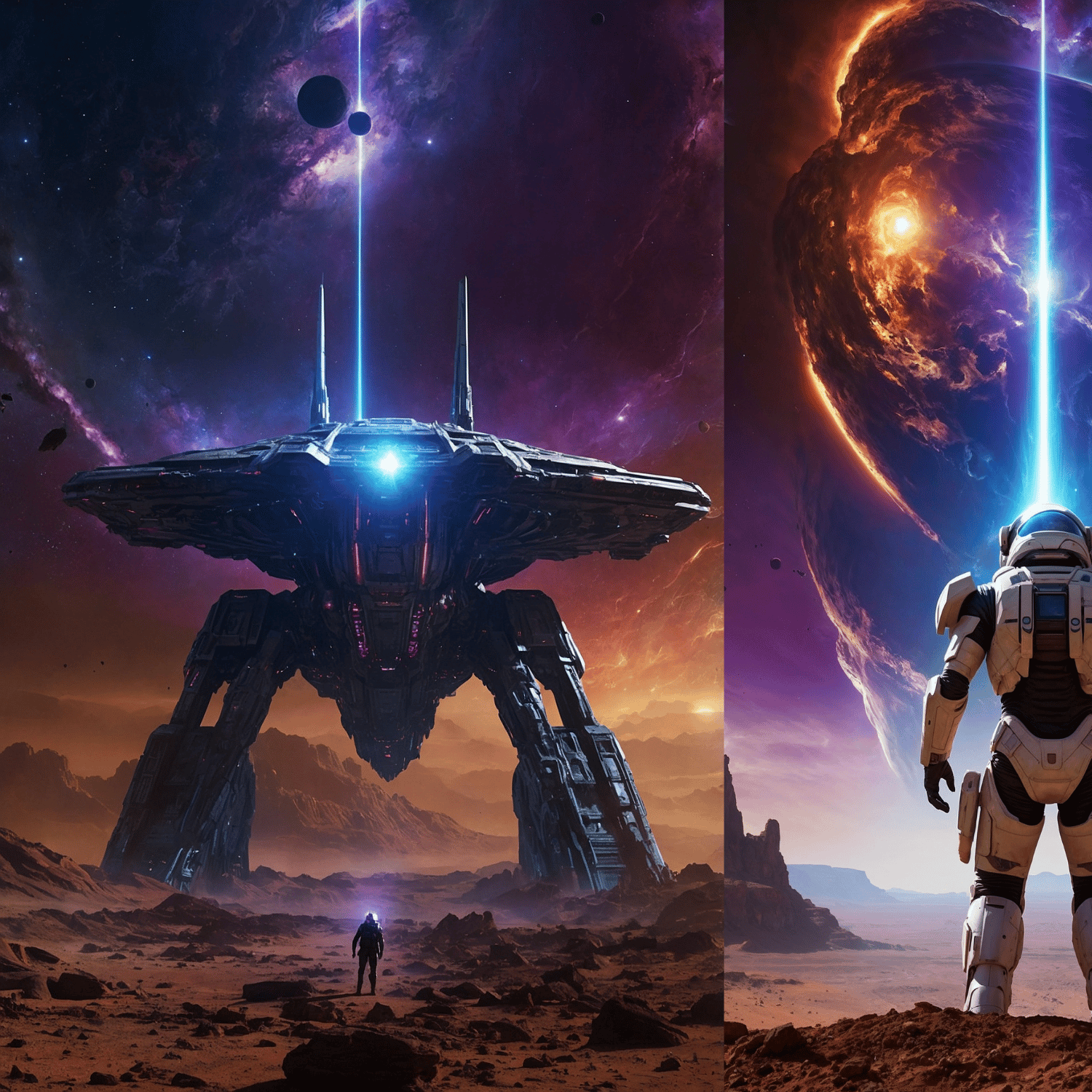 Astronauts on alien planet facing giant spaceship and glowing energy beam