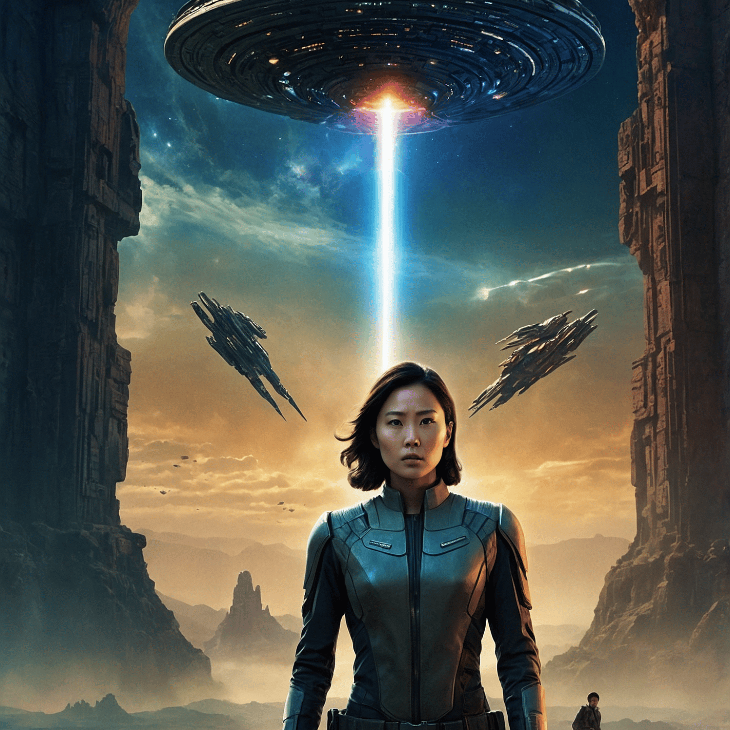 Female astronaut standing under hovering spaceship with beam of light