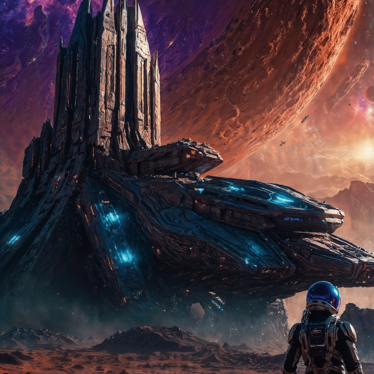 Astronaut observing massive alien structure on distant planet