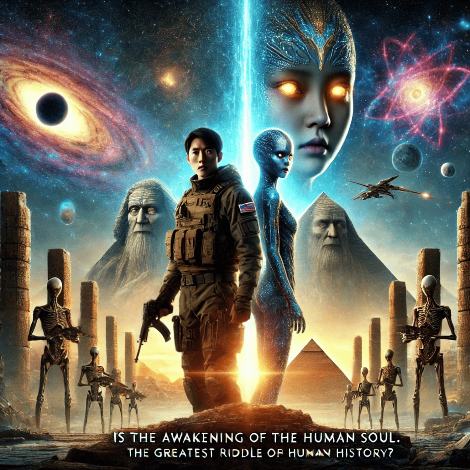 Sci-fi soldier and alien beings amid pyramids and cosmic mysteries