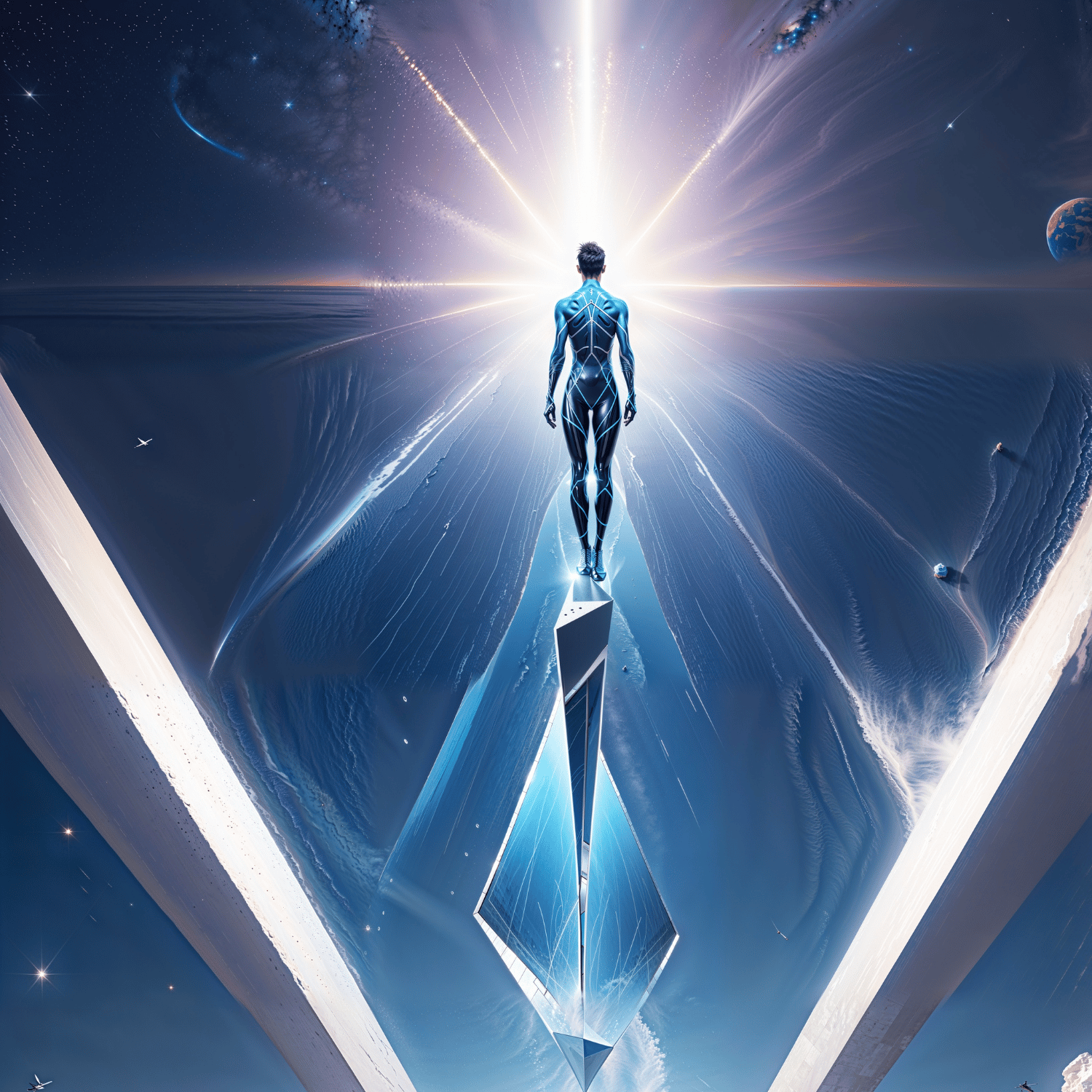 ChatGPT said:  Futuristic figure ascending into radiant light.