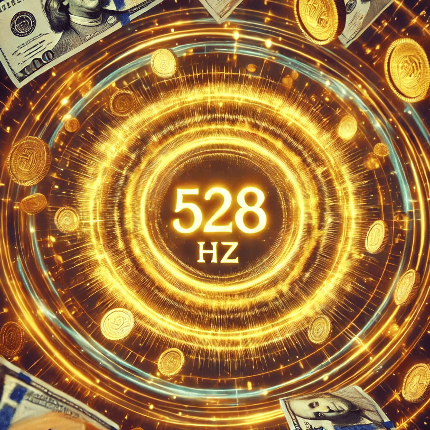Golden 528 Hz frequency symbolizing wealth and energy vibration.