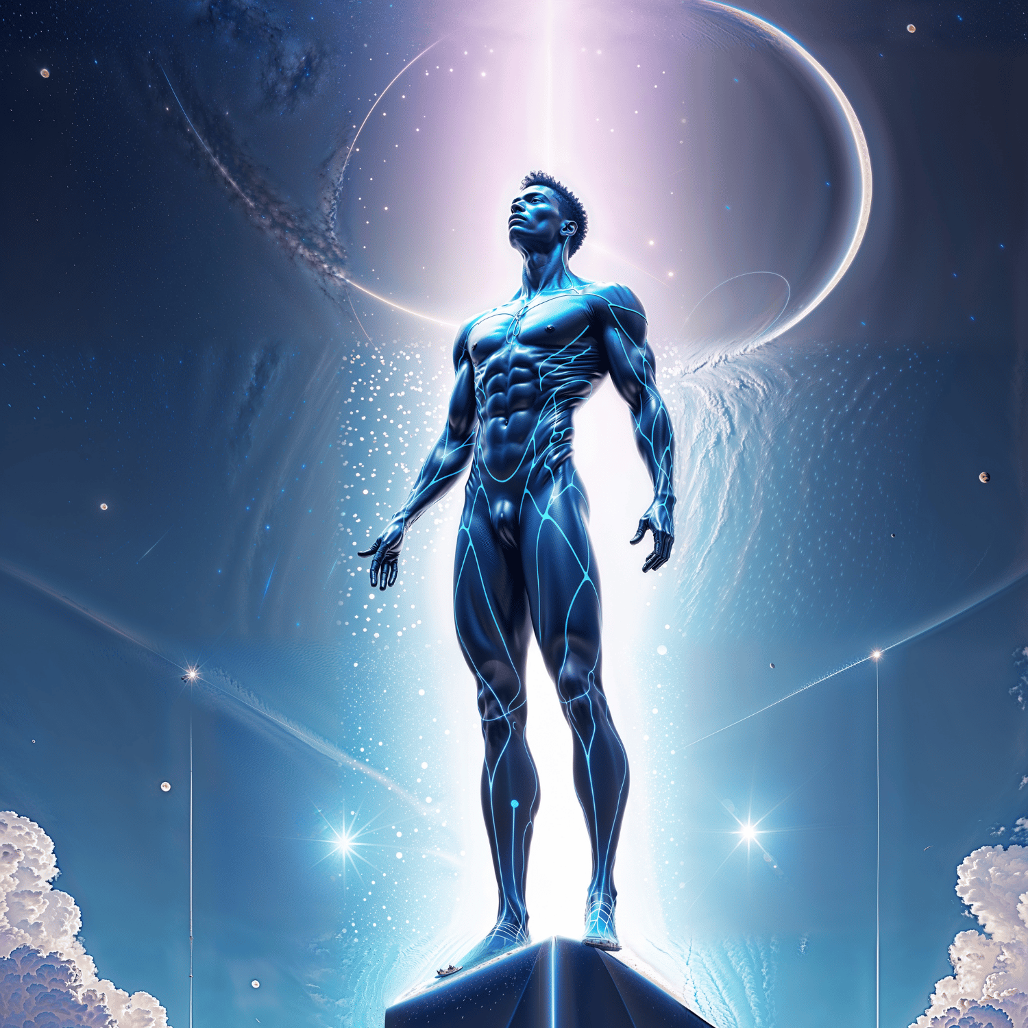 Futuristic glowing figure rising into cosmic light.