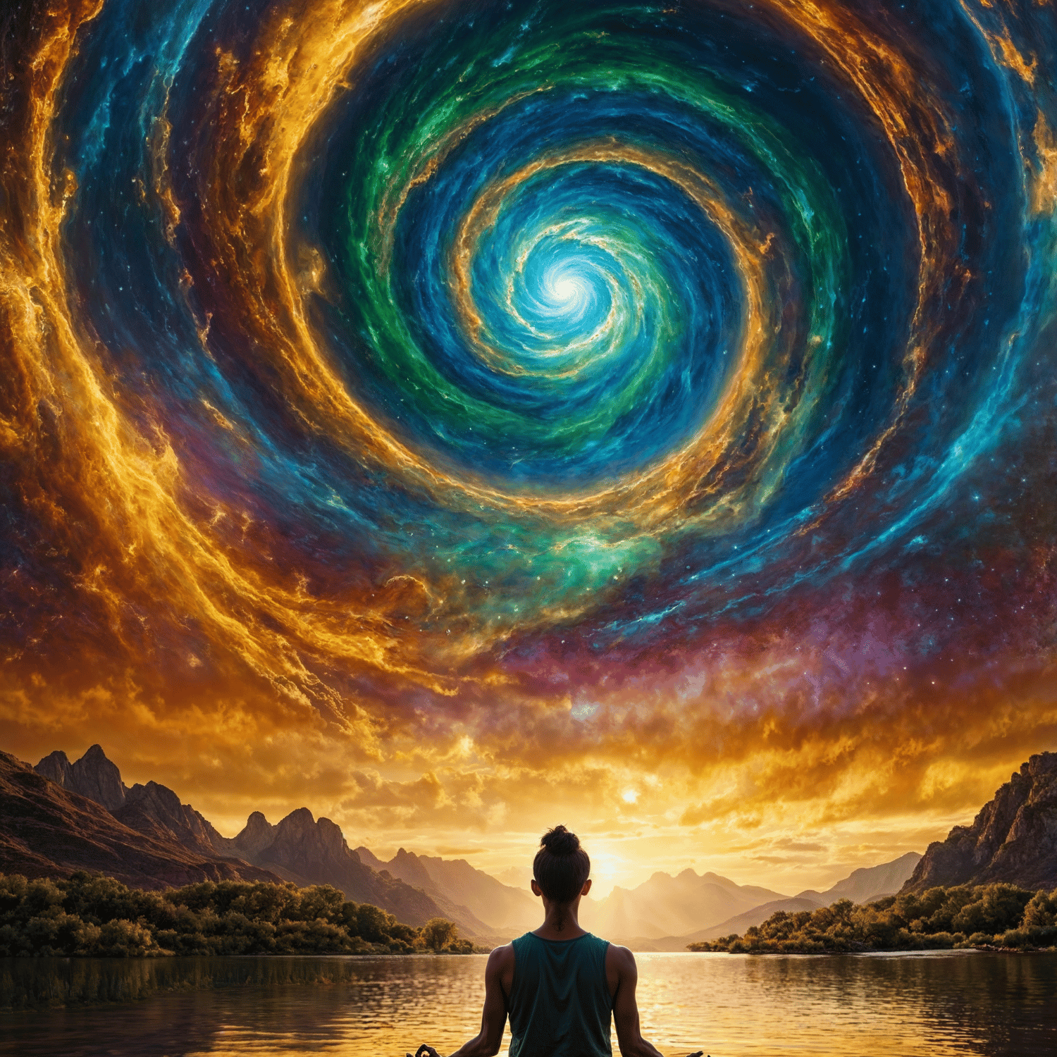 Person meditating by a lake under a colorful cosmic vortex.