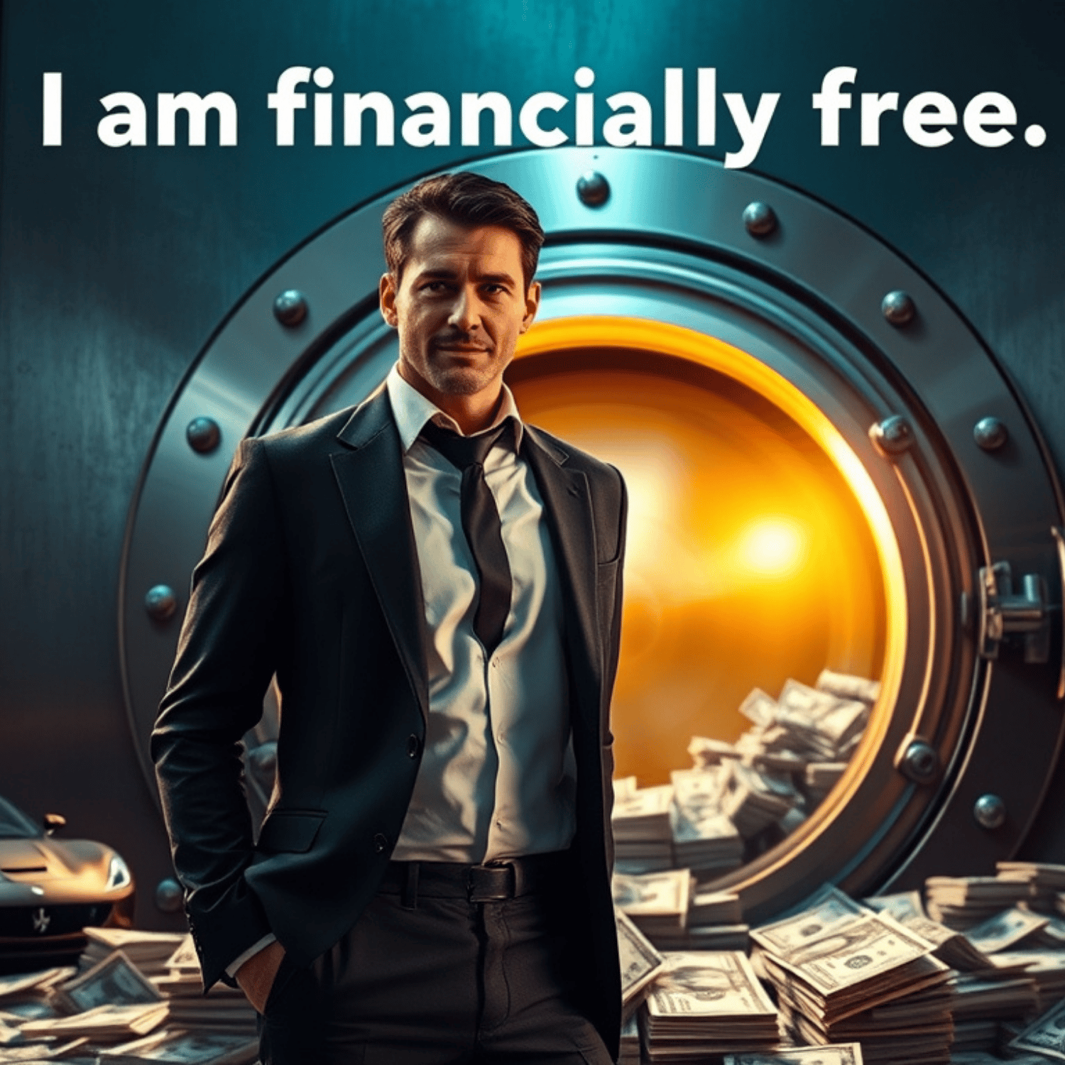 Man in a suit standing confidently in front of an open vault filled with cash, with text saying “I am financially free.