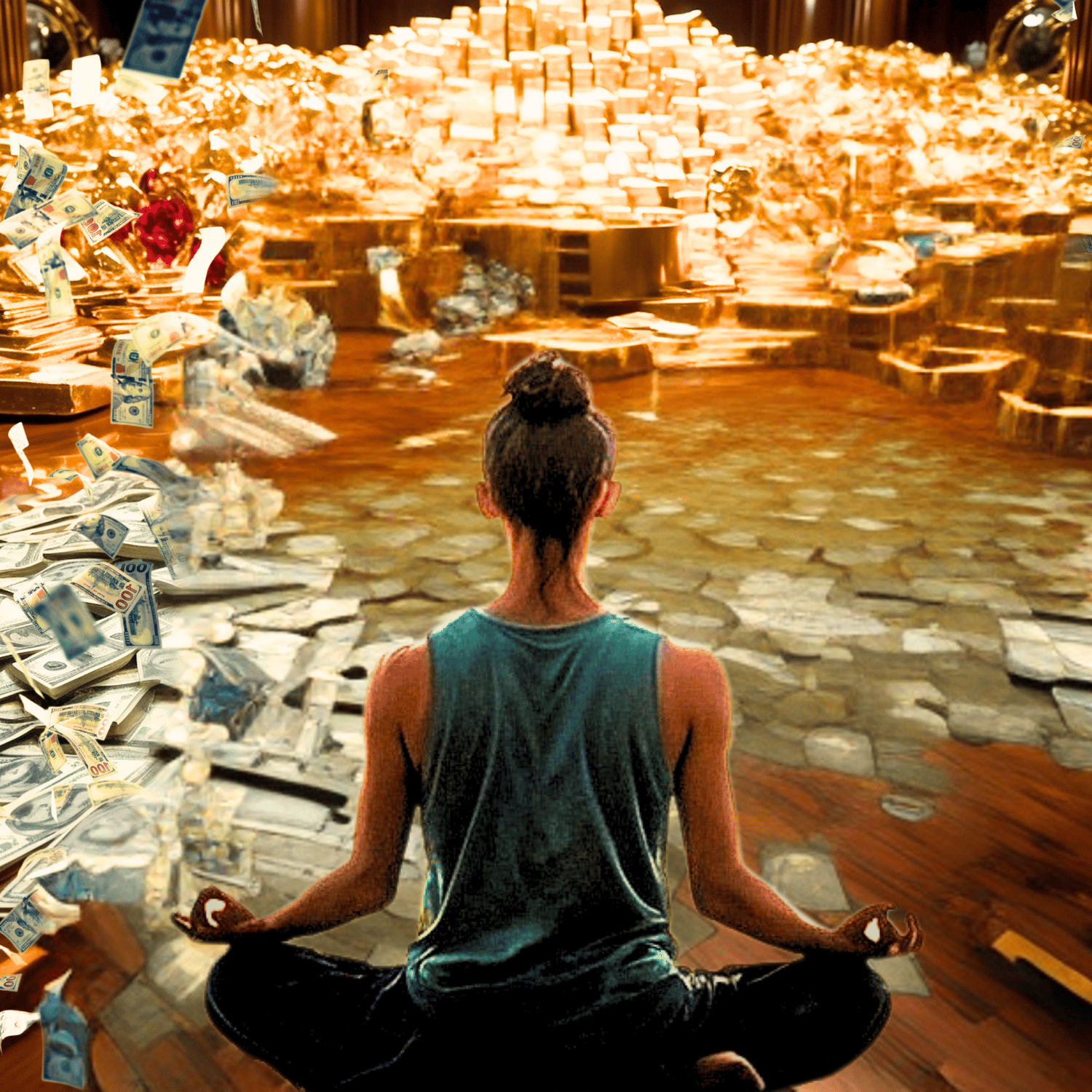 Person meditating in front of piles of gold bars and flying cash, symbolizing wealth and abundance.