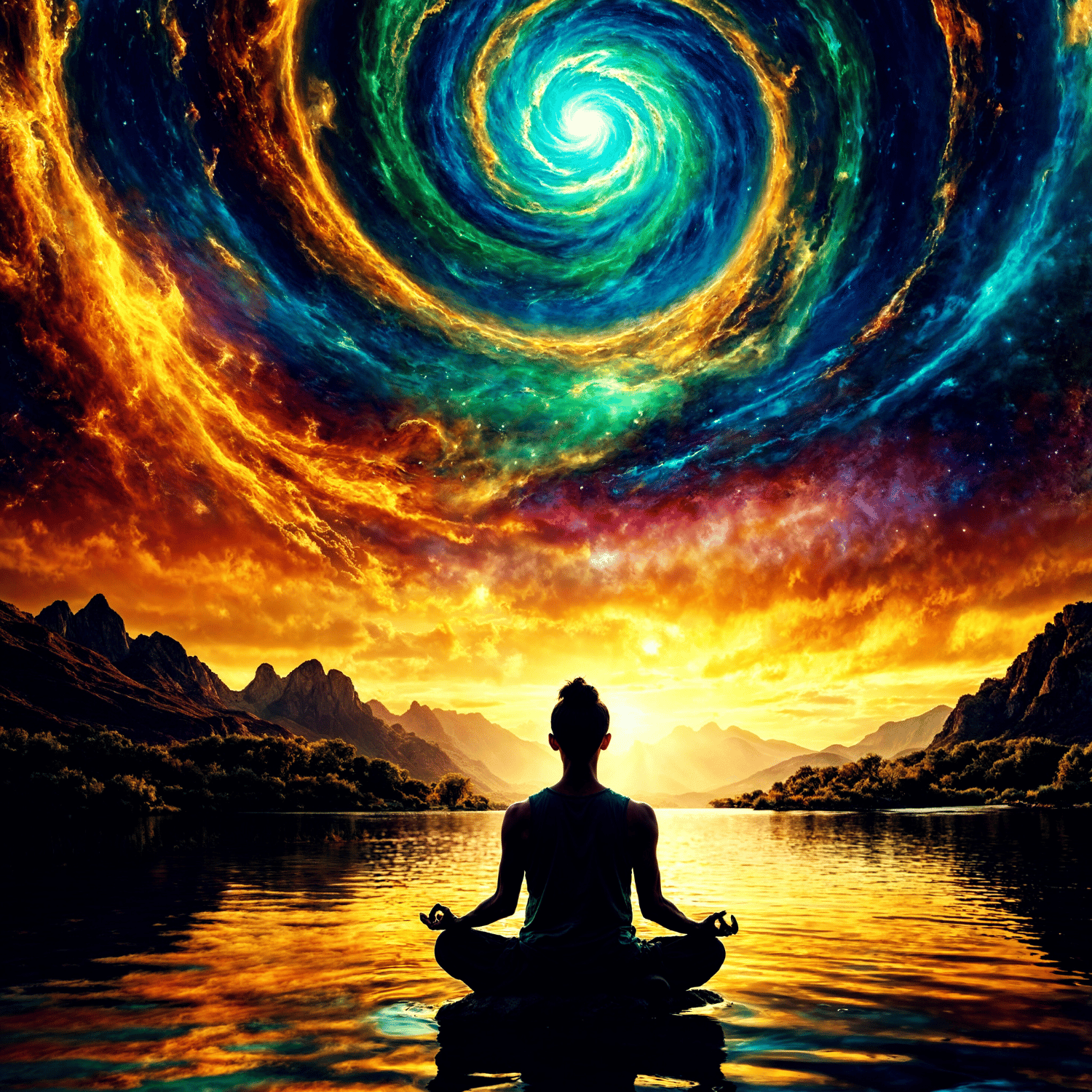 Person meditating on a calm lake at sunrise, with a breathtaking cosmic spiral of vibrant colors swirling in the sky above, symbolizing inner peace, consciousness, and universal connection.