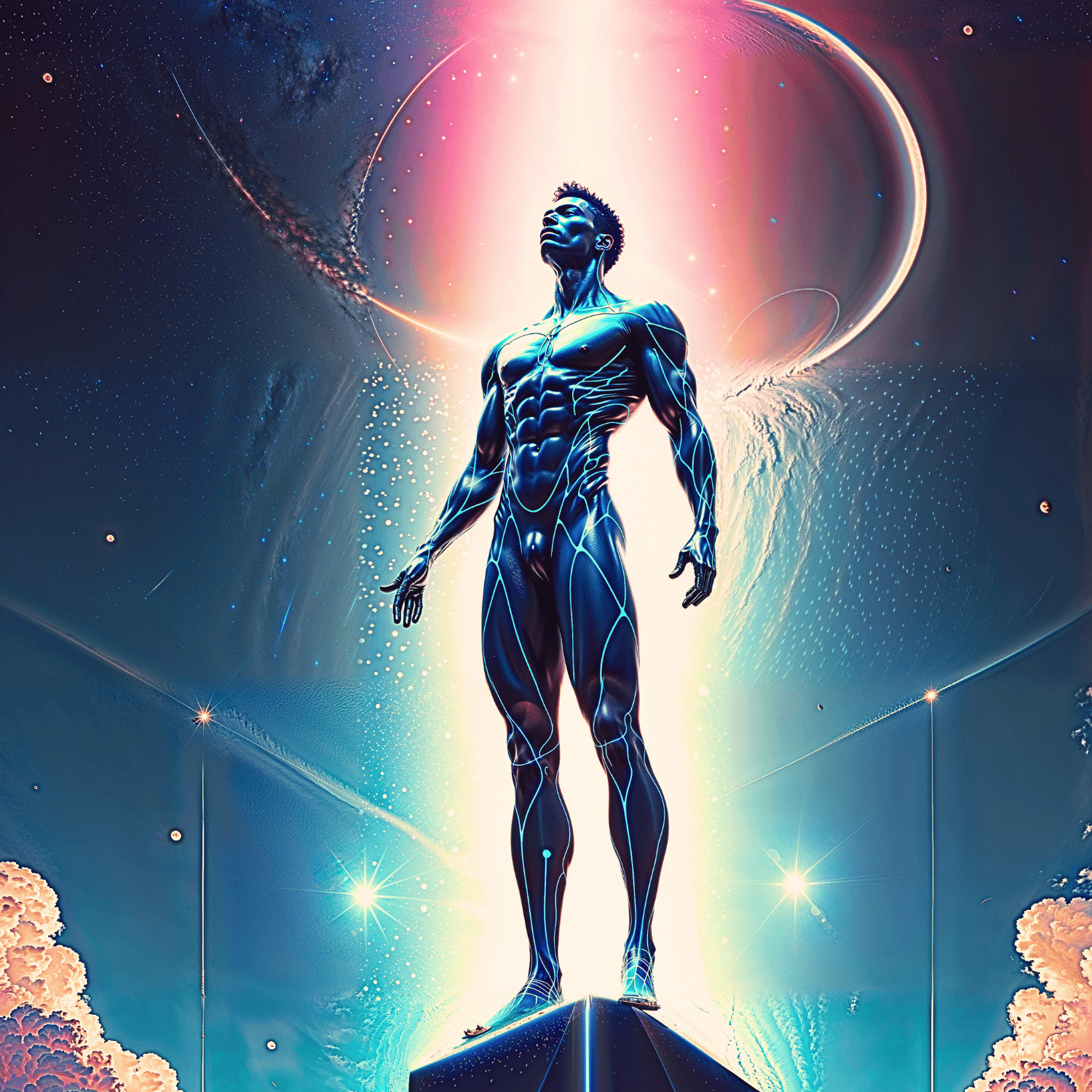Futuristic humanoid figure glowing with cosmic energy, standing on a platform under a radiant light and surrounded by stars and planetary rings, symbolizing evolution and transcendence.