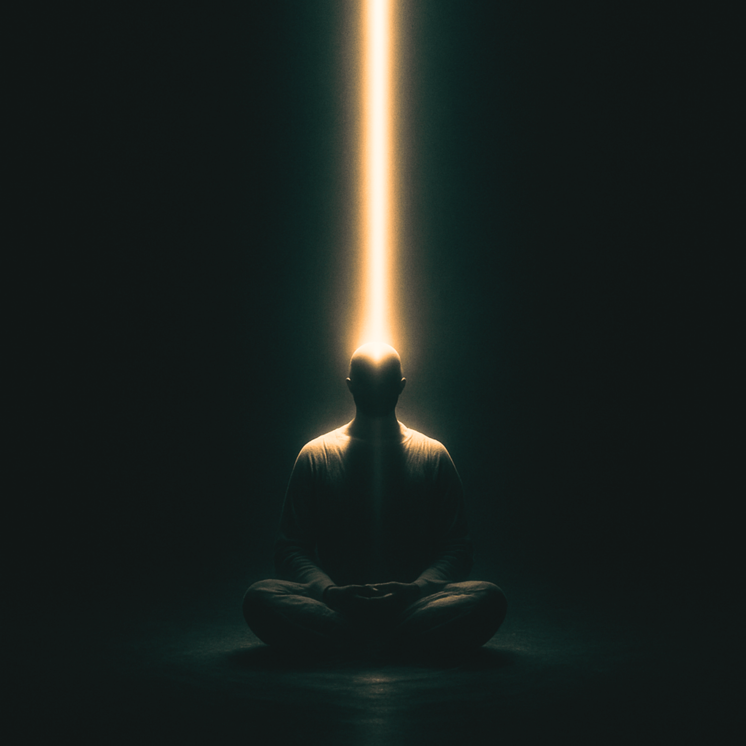 Person meditating in darkness with a bright beam of light shining onto their head.
