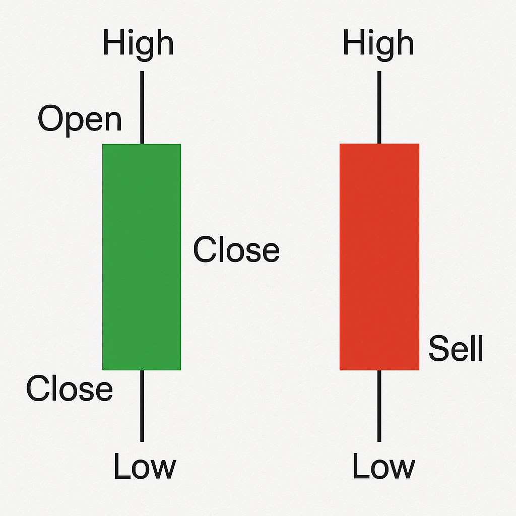 Simple chart showing one green and one red candlestick with “Open, Close, High, Low” labeled