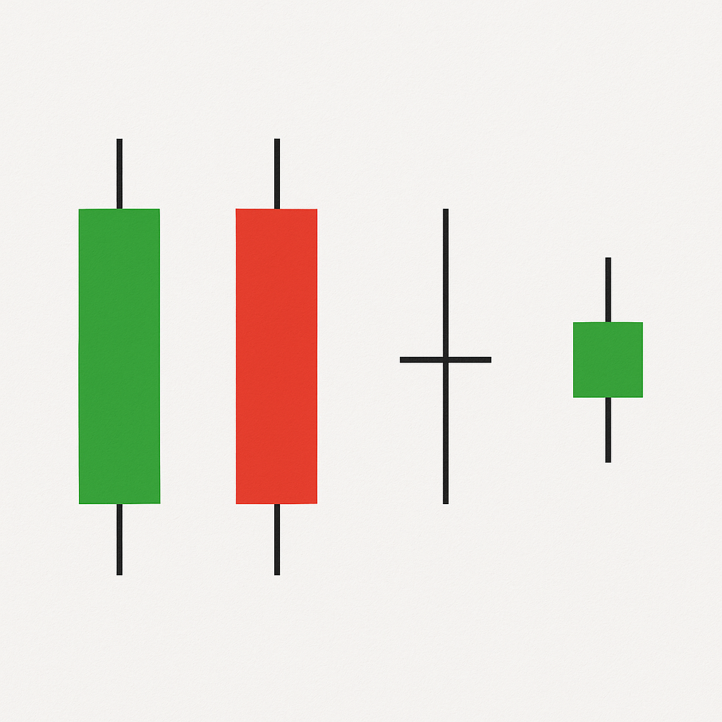 Illustration idea Four candlesticks side by side long green, long red, doji, small candle.