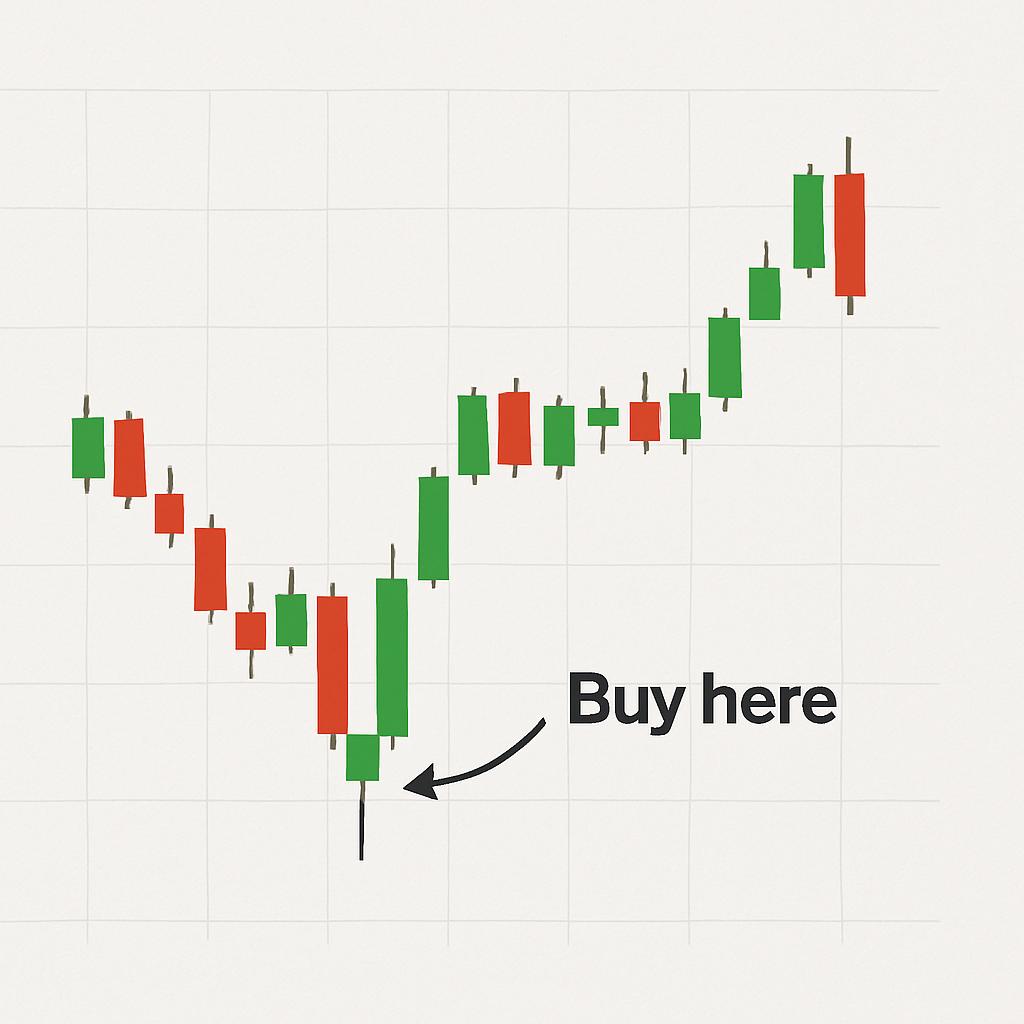 chart with hammer at bottom + arrow saying “Buy here.”