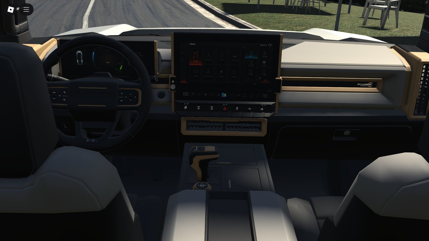 Hummer EV driving through city streets in Roblox