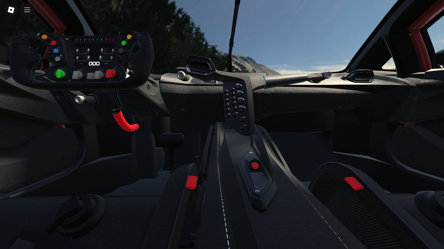 Essenza SCV12 racing through city streets in Roblox
