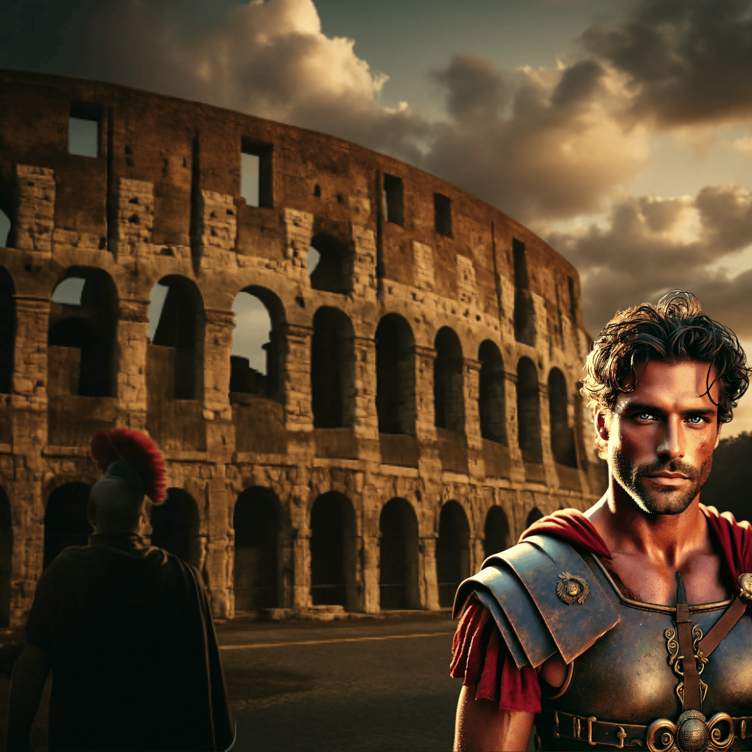 Roman gladiator standing before the Colosseum at sunset