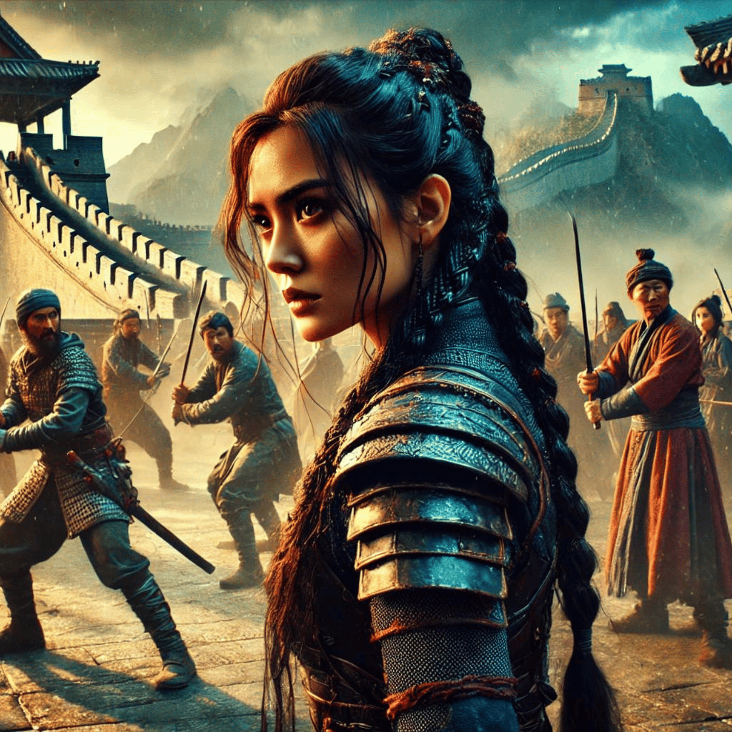 Fearless warrior woman leading soldiers into battle on the Great Wall of China