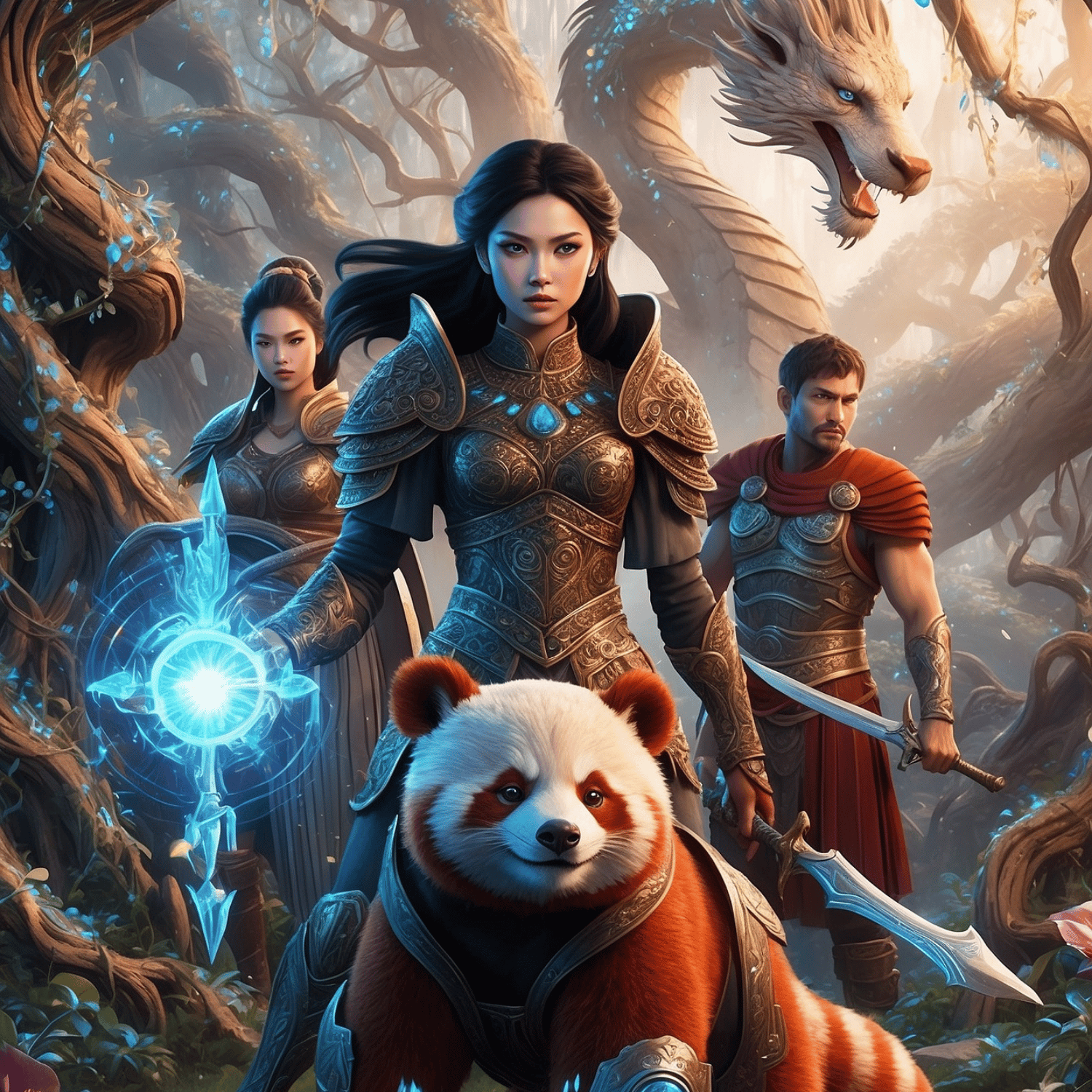 Fantasy warriors and a magical red panda preparing for battle beside a dragon in an enchanted forest