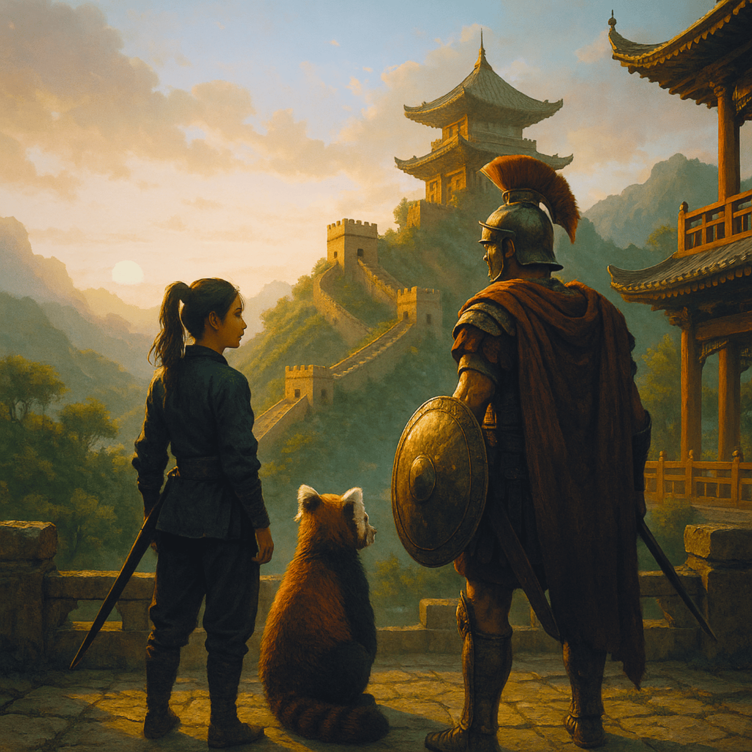 Warrior, Roman soldier, and red panda gazing at the sunrise over the Great Wall of China