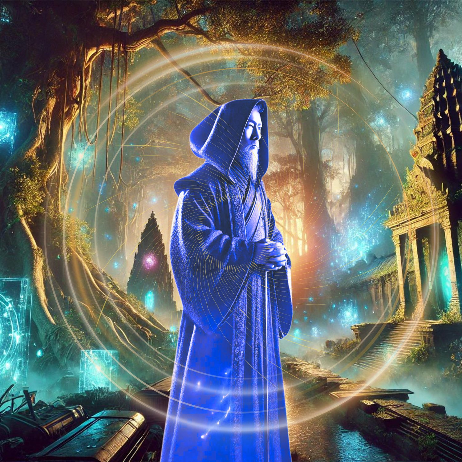 Mystical wizard casting a glowing spell in ancient enchanted ruins surrounded by magical lights