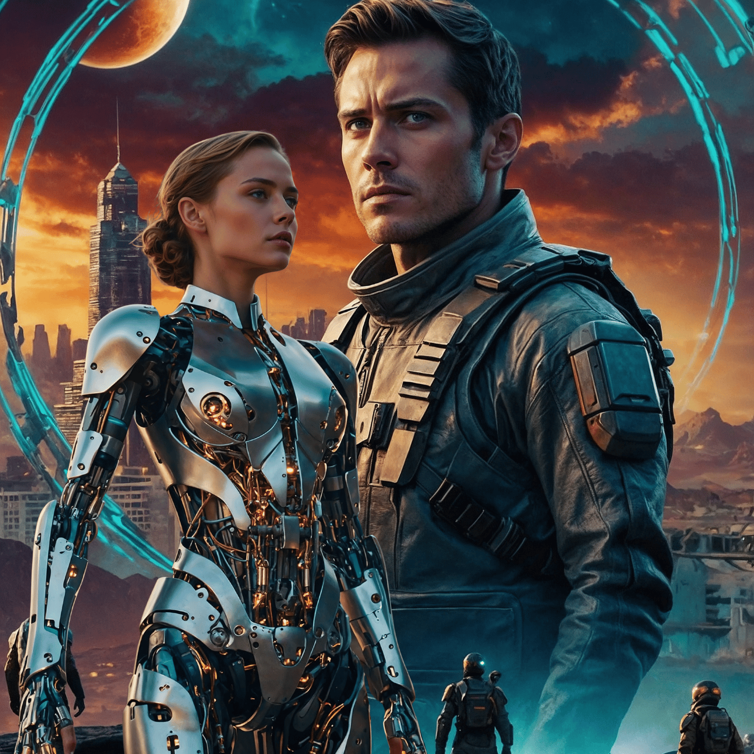 A futuristic scene featuring a human soldier in tactical armor standing beside a humanoid robot with glowing circuitry, set against a sci-fi city skyline and an orange sunset sky with a large planet above.