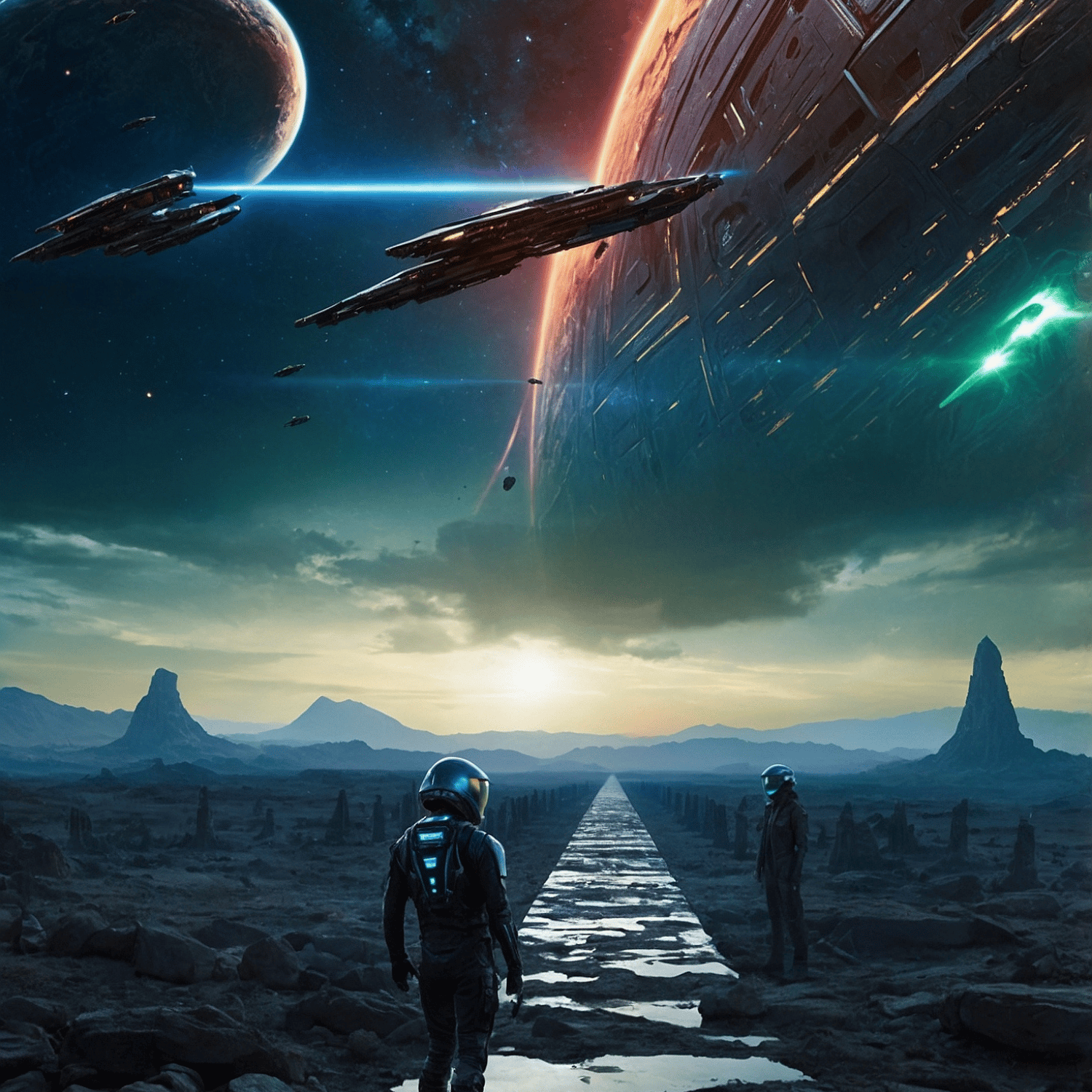 Astronaut standing before a towering alien structure on a distant planet with a glowing sky and massive planet in the background