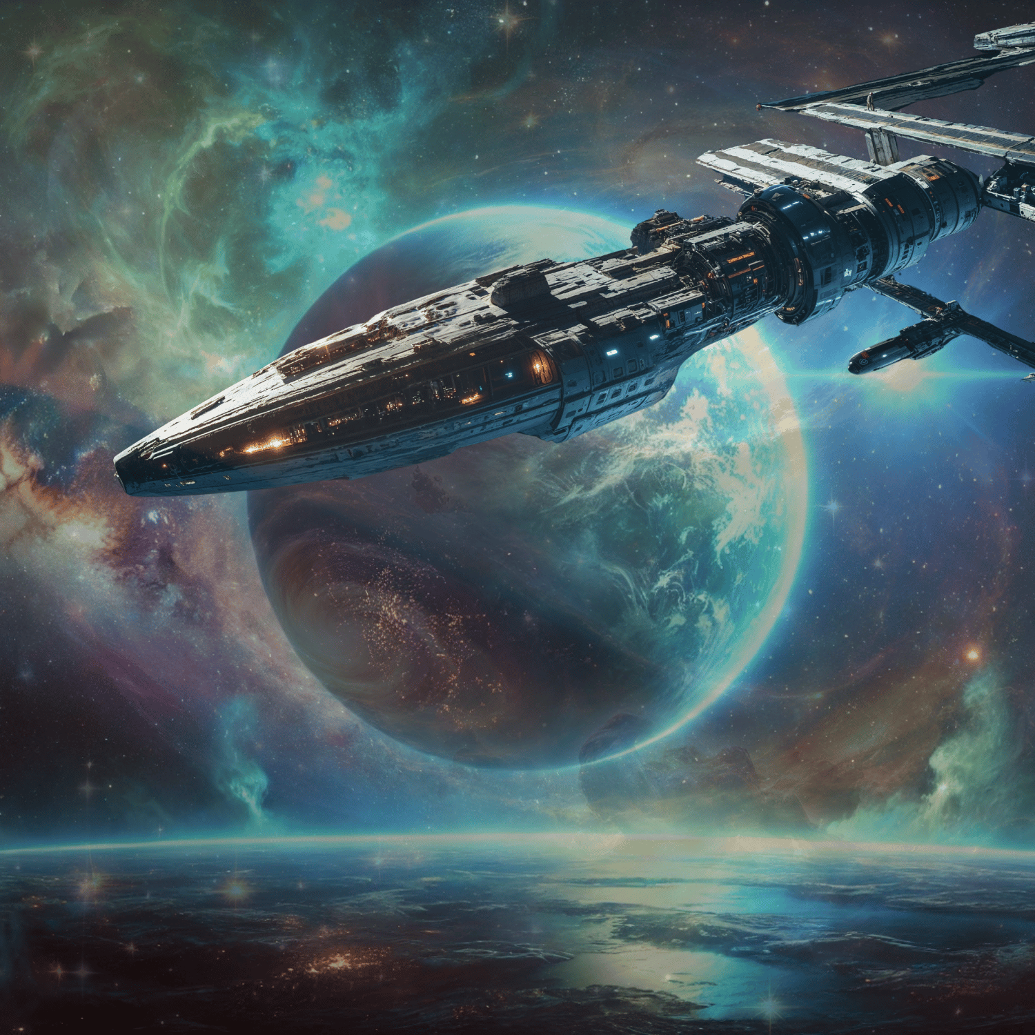 Massive futuristic spaceship orbiting a colorful alien planet surrounded by glowing nebula clouds.