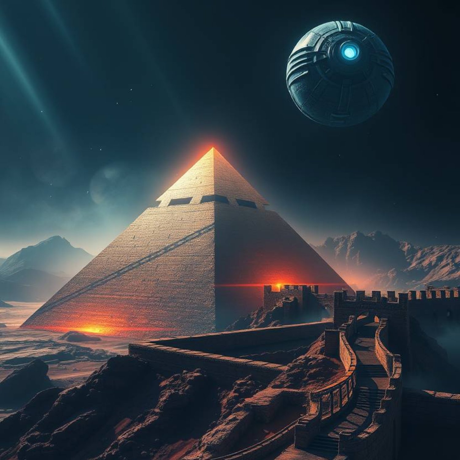 Futuristic pyramid glowing with red light under a dark sky, with a hovering metallic sphere and ancient wall in the foreground.