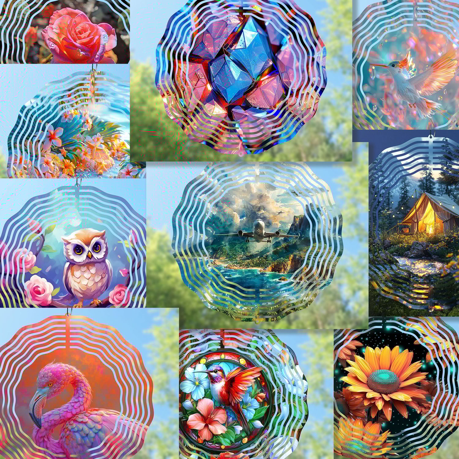 Freebie wind spinner design bundle featuring a variety of cute and elegant PNG templates, including flowers, nature, owls, hummingbirds, perfect for DIY crafting, garden or outdoor decor, and digital downloads for creating decorative wind spinners.