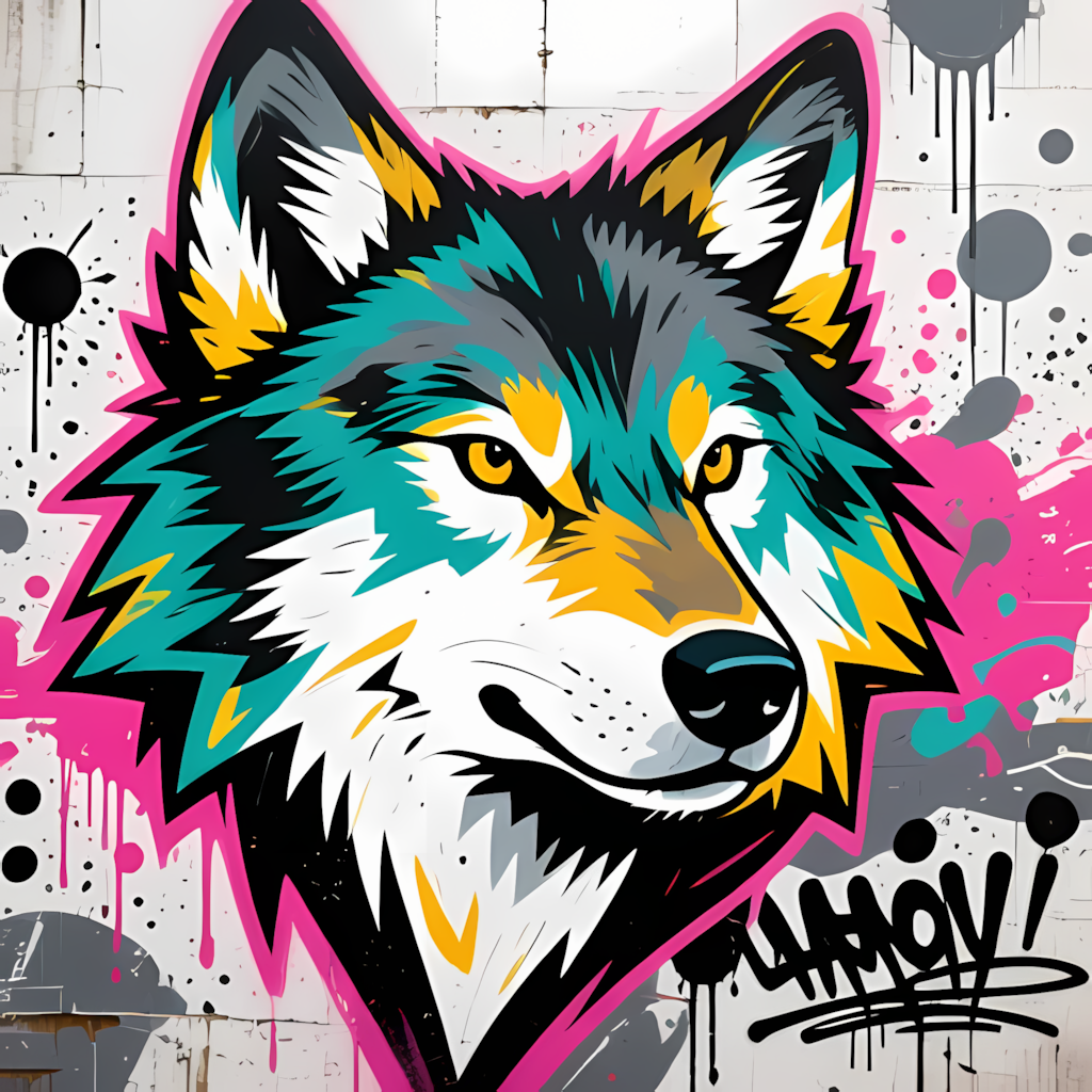 A bold graffiti-style wolf illustration, featuring dynamic, angular shapes and striking lines. The wolf’s face is a vivid mix of teal, mustard yellow, black, gray, and white, with pops of pink for contrast. Incorporating elements of urban street art and a