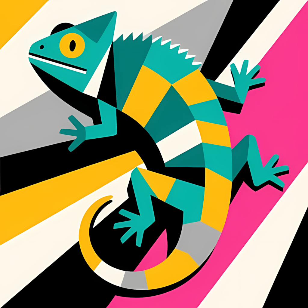 a stylized, modern illustration of a gecko, with bold geometric lines and patterns. Use a color palette of teal, mustard yellow, gray, black, white, and vibrant hues of red. The gecko’s body should feature angular shapes and abstract, clean lines, with a