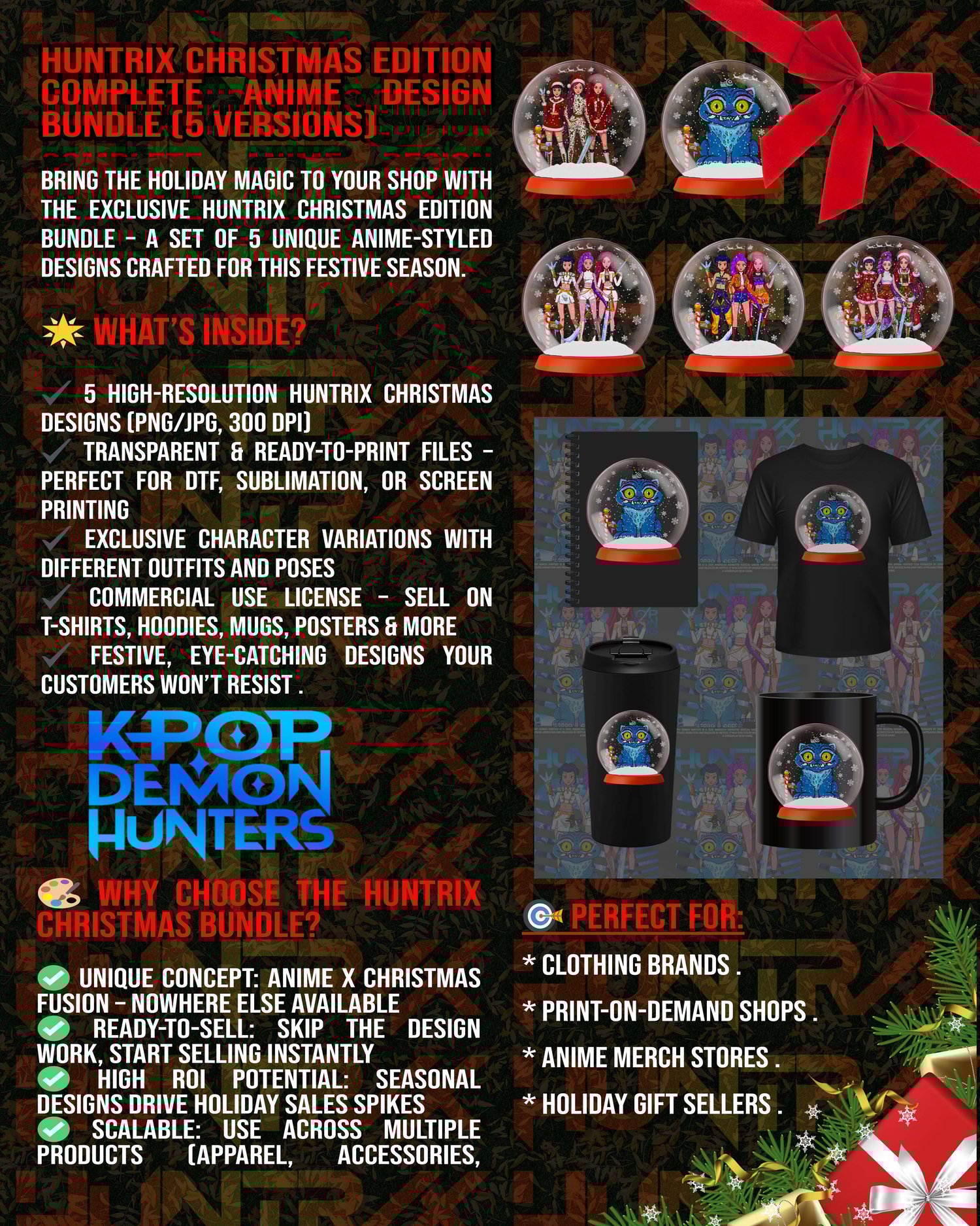 Huntrix Christmas Edition Ice Queen anime design in white winter outfits, perfect for festive apparel and DTF printing.