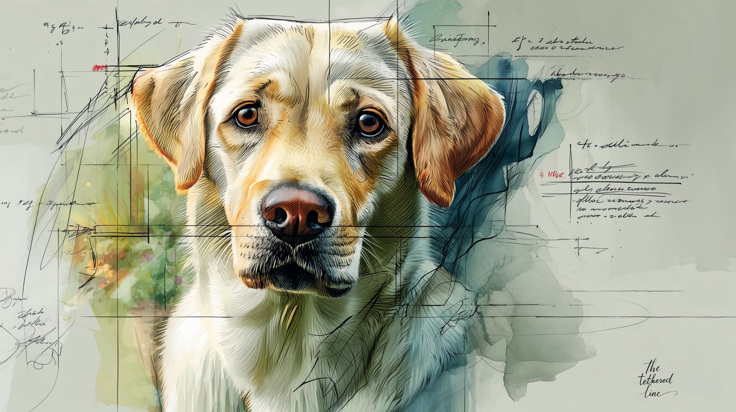 Abstract  pet portrait of a  Yellow Labrador dog  in  layered sketch style, used as hero image on The Tethered Line homepage — expressive and modern.