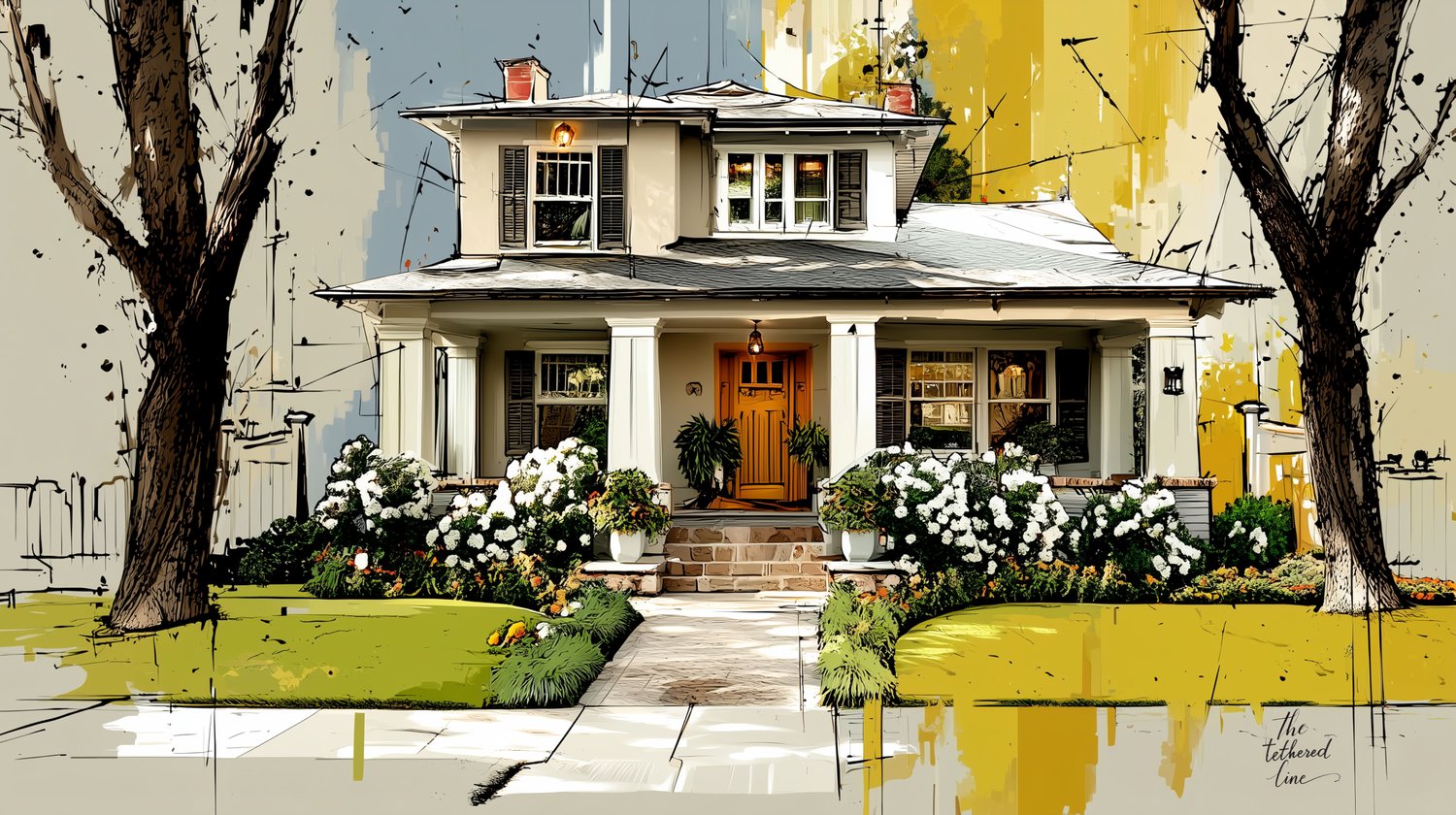 Expressive house illustration — The Tethered Line custom commission for real estate and homebuyers.