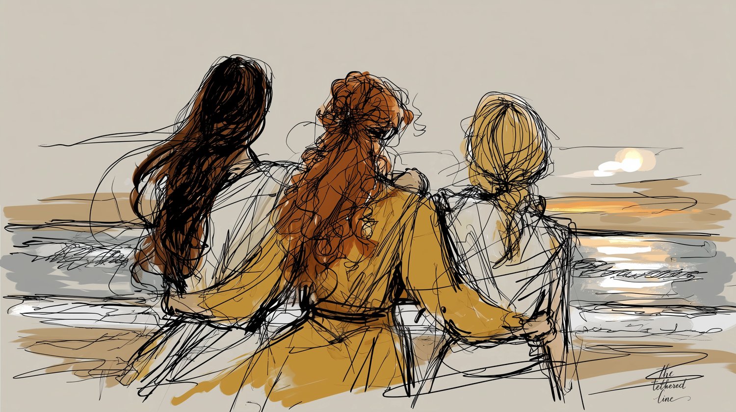 Friendship illustration — three women watching the sunset, abstract line and color custom commission artwork by The Tethered Line.
